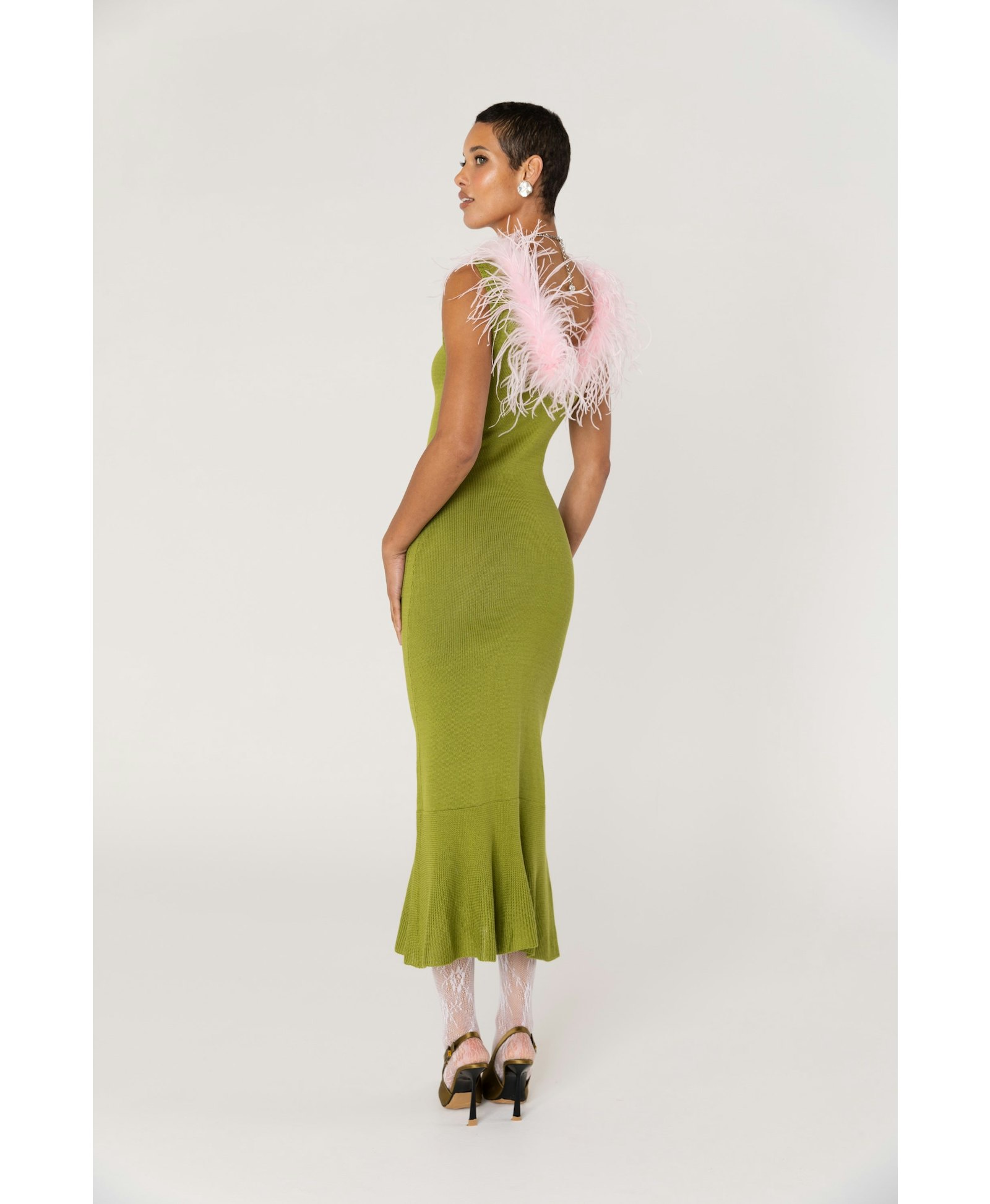 Chrysanthemum Green Knit Dress With Pink Real Ostrich Feathers Details made by ANDREEVA