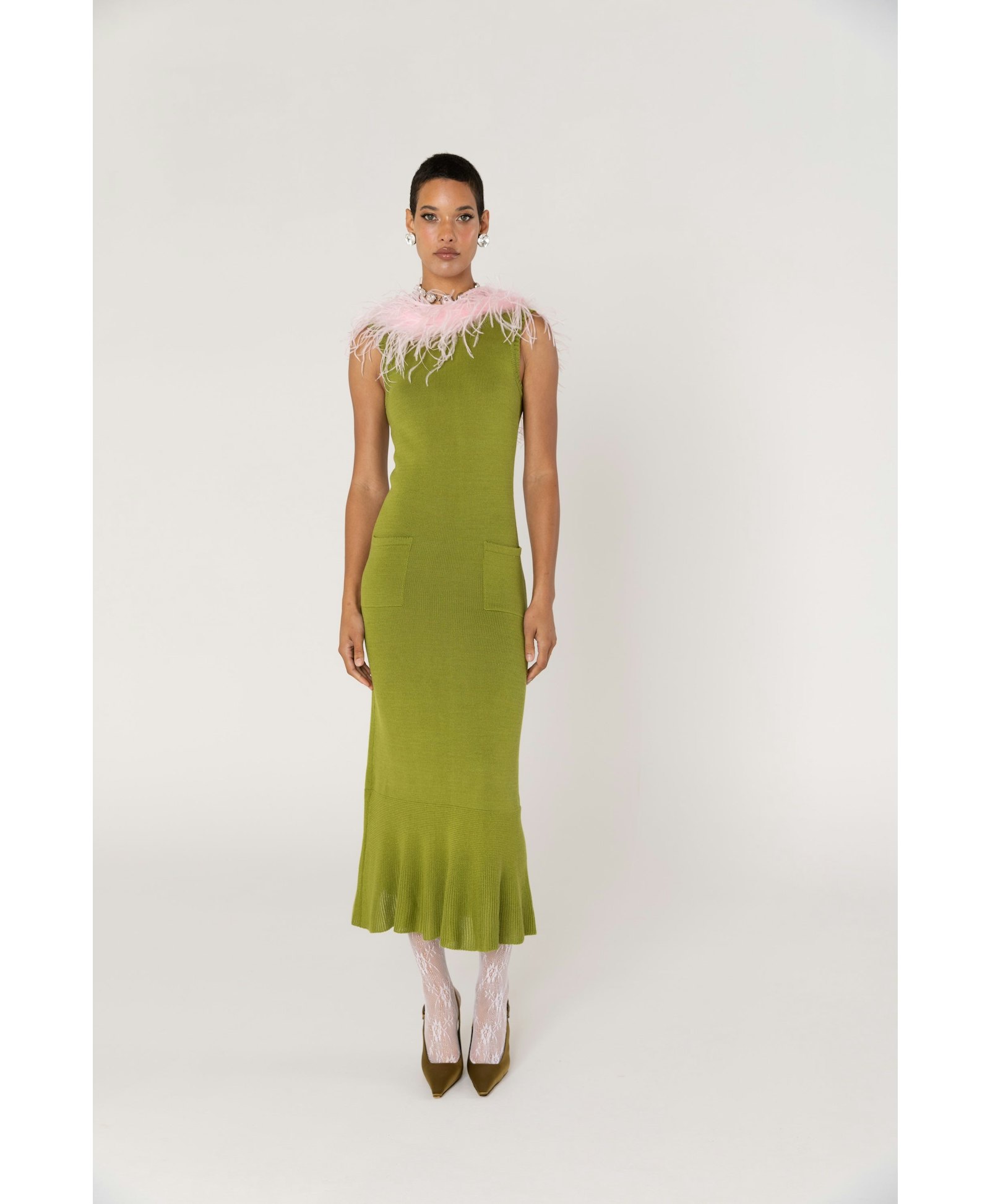 Chrysanthemum Green Knit Dress With Pink Real Ostrich Feathers Details made by ANDREEVA