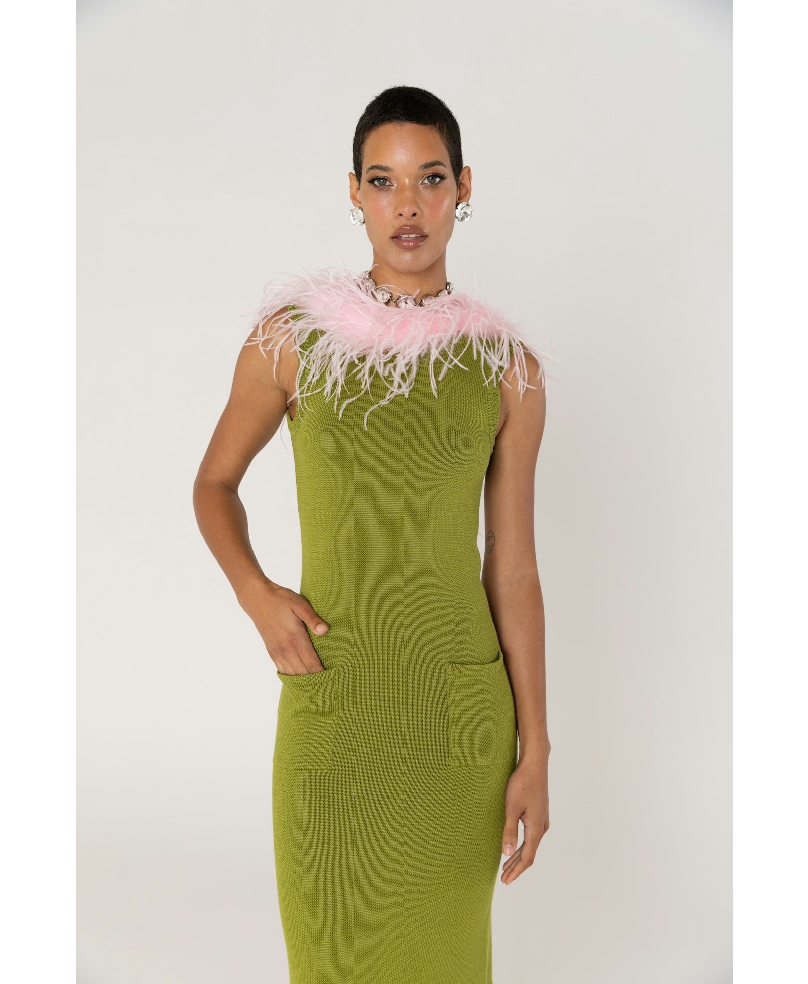 Chrysanthemum Green Knit Dress With Pink Real Ostrich Feathers Details made by ANDREEVA