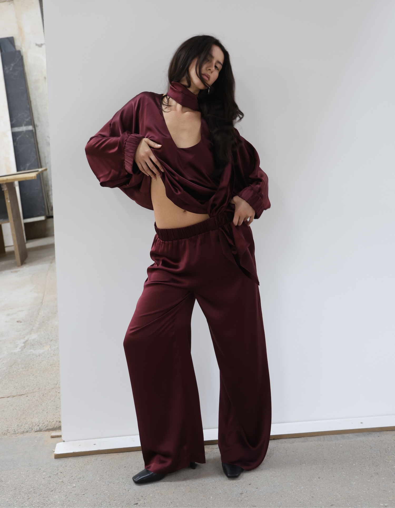 Shop Maet Lenis Burgundy Silk Set