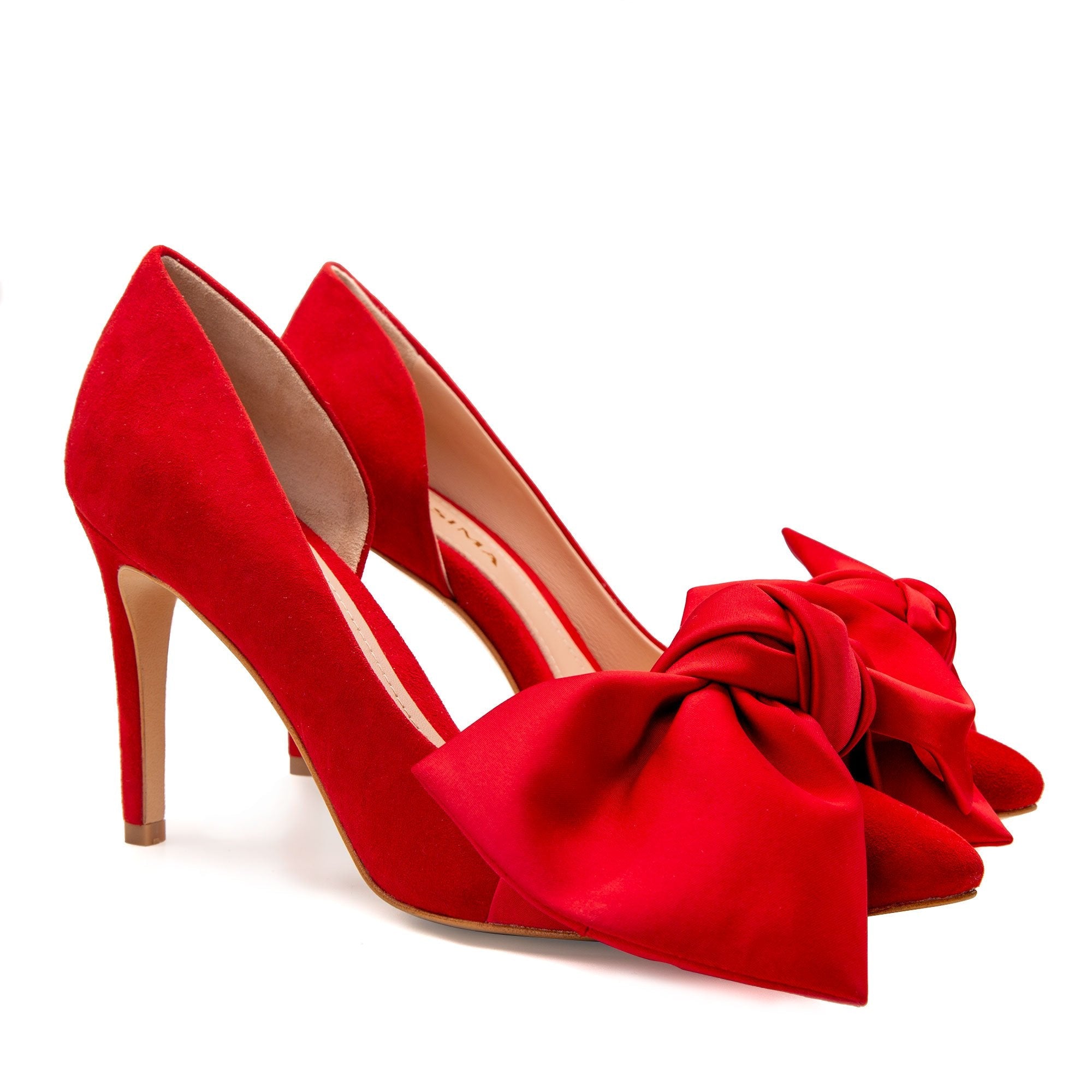 Red satin cheap bow heels