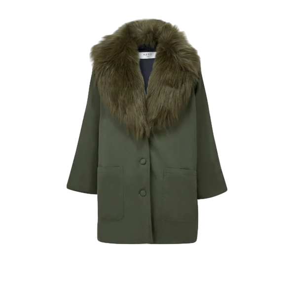 Marei 1998 Lavatera Recycled Nylon Olive Padded Coat With Brown Faux Fur Collar In Green