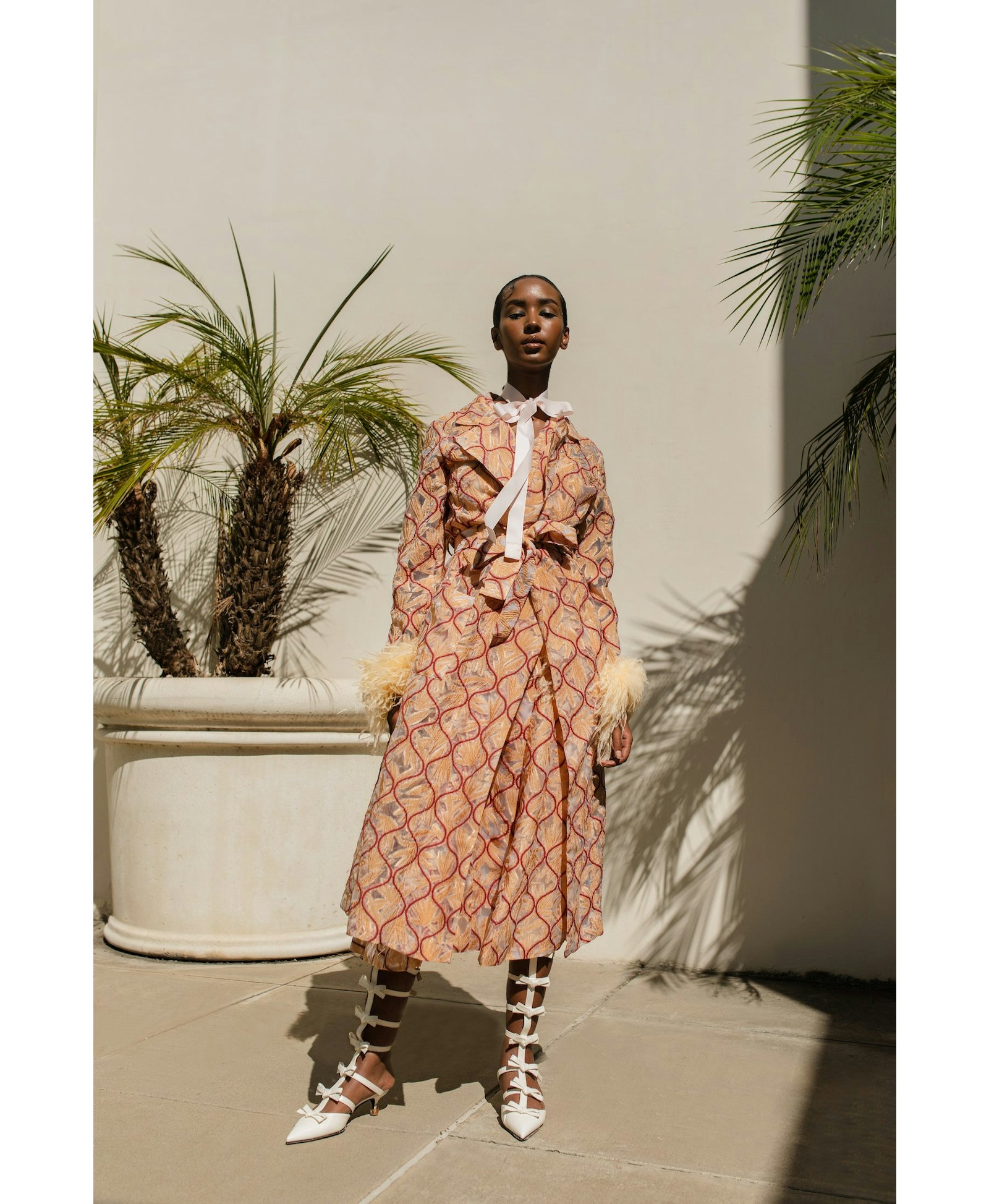 Peach Coat № 23 With Detachable Feathers Cuffs made by ANDREEVA