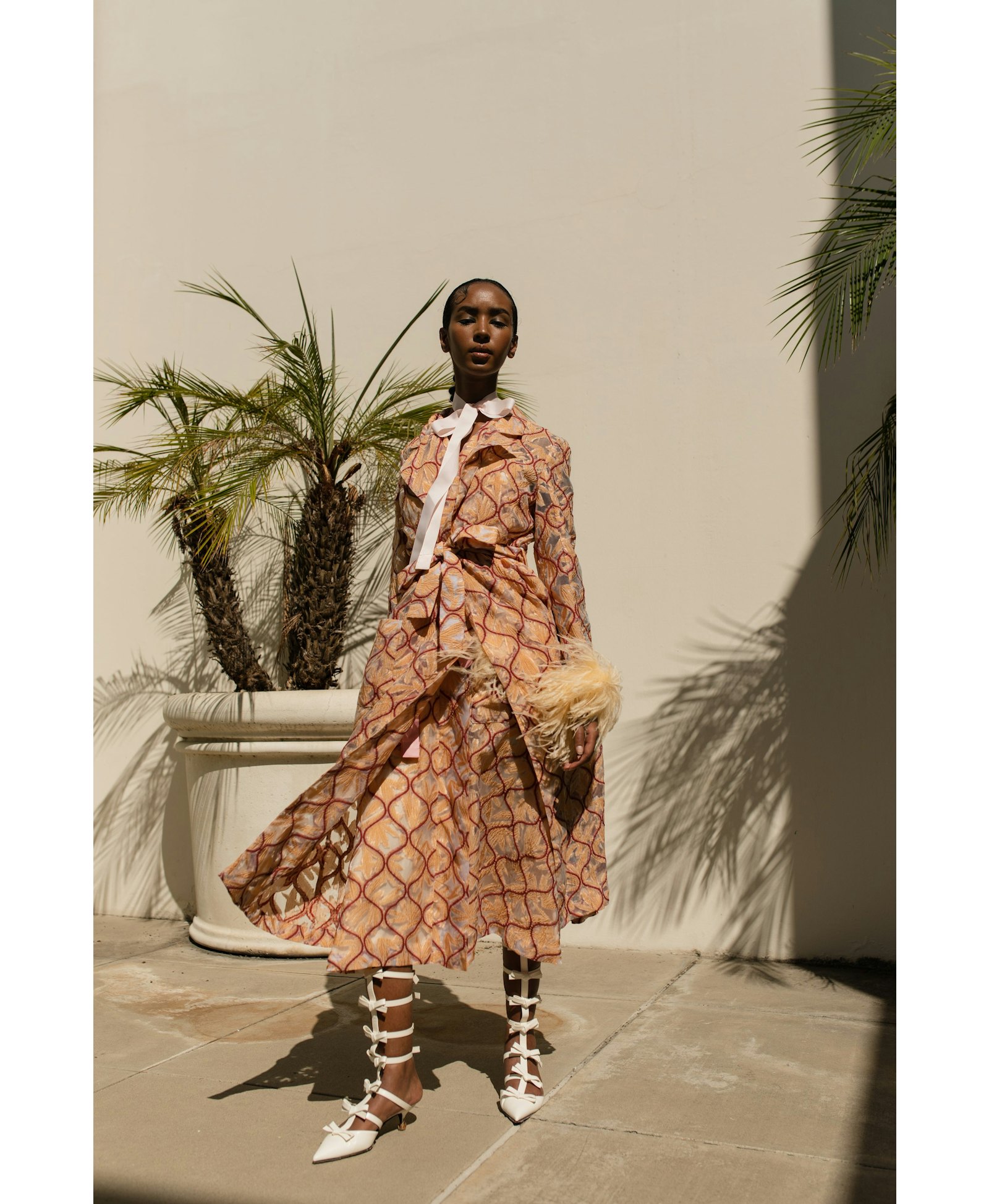 Peach Coat № 23 With Detachable Feathers Cuffs made by ANDREEVA