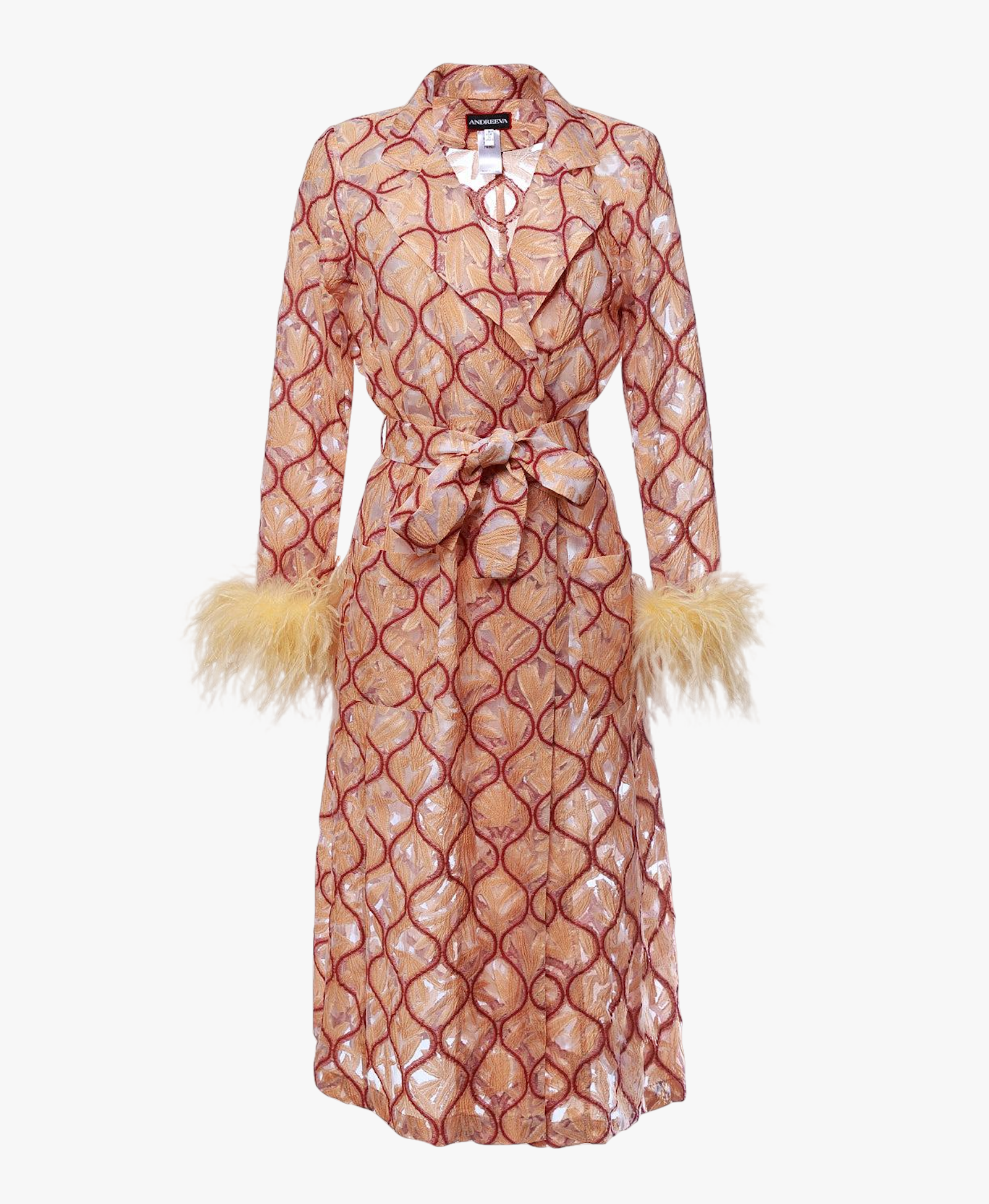 Peach Coat № 23 With Detachable Feathers Cuffs made by ANDREEVA