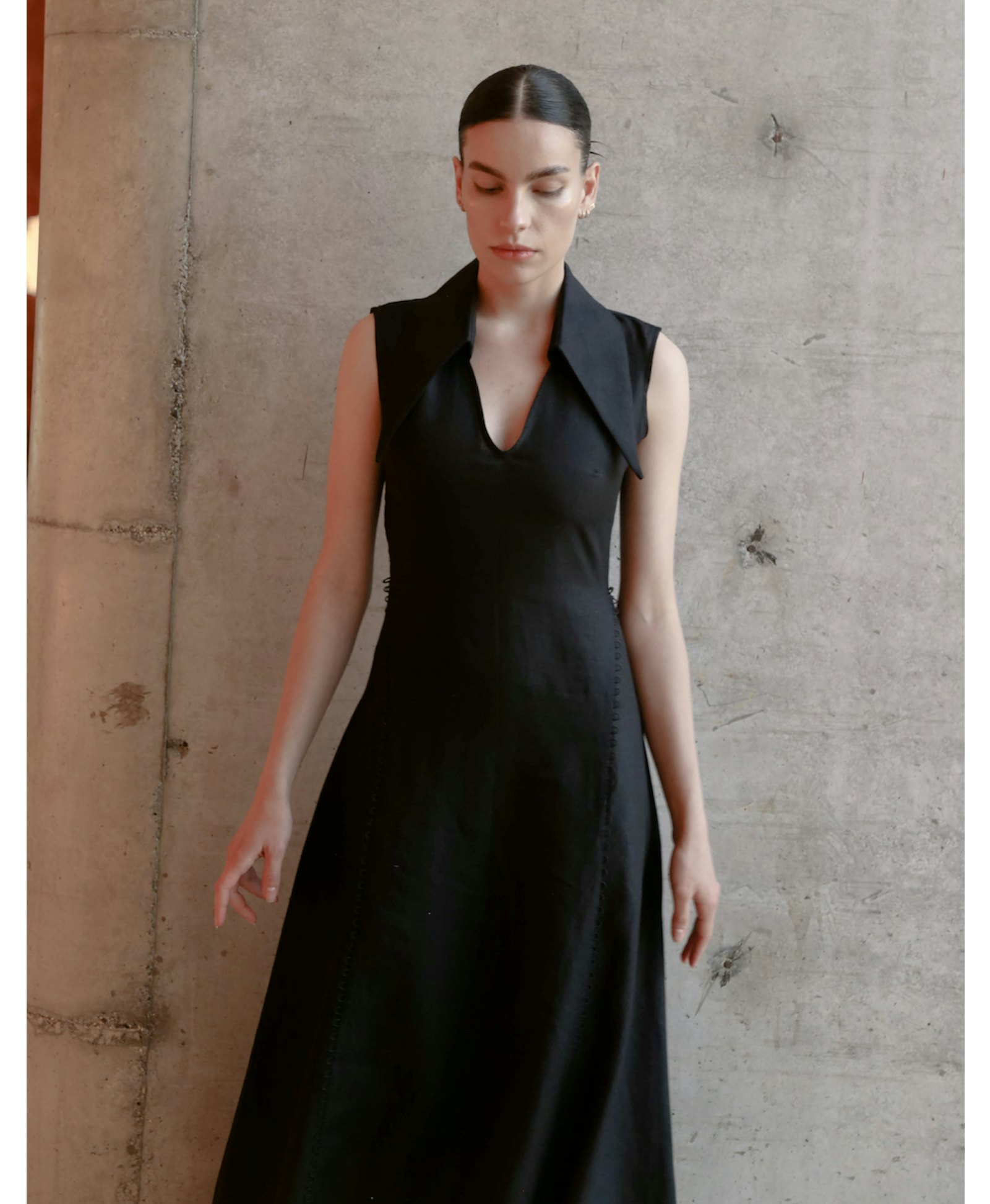 AMARI Sleeveless Maxi Black Linen Dress in Black made by MAET