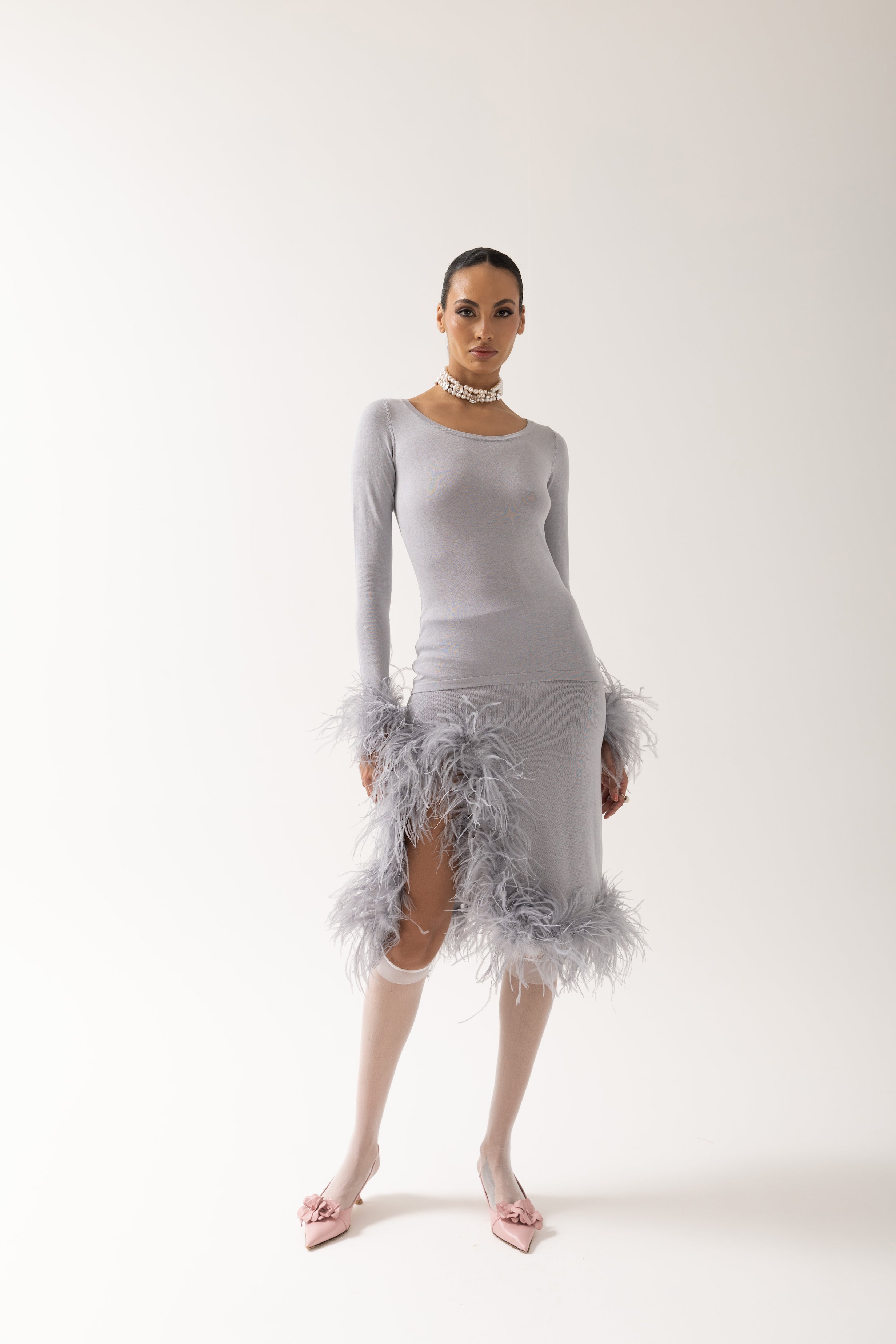 Shop Andreeva Grey Knit Top With Detachable Feather Cuffs