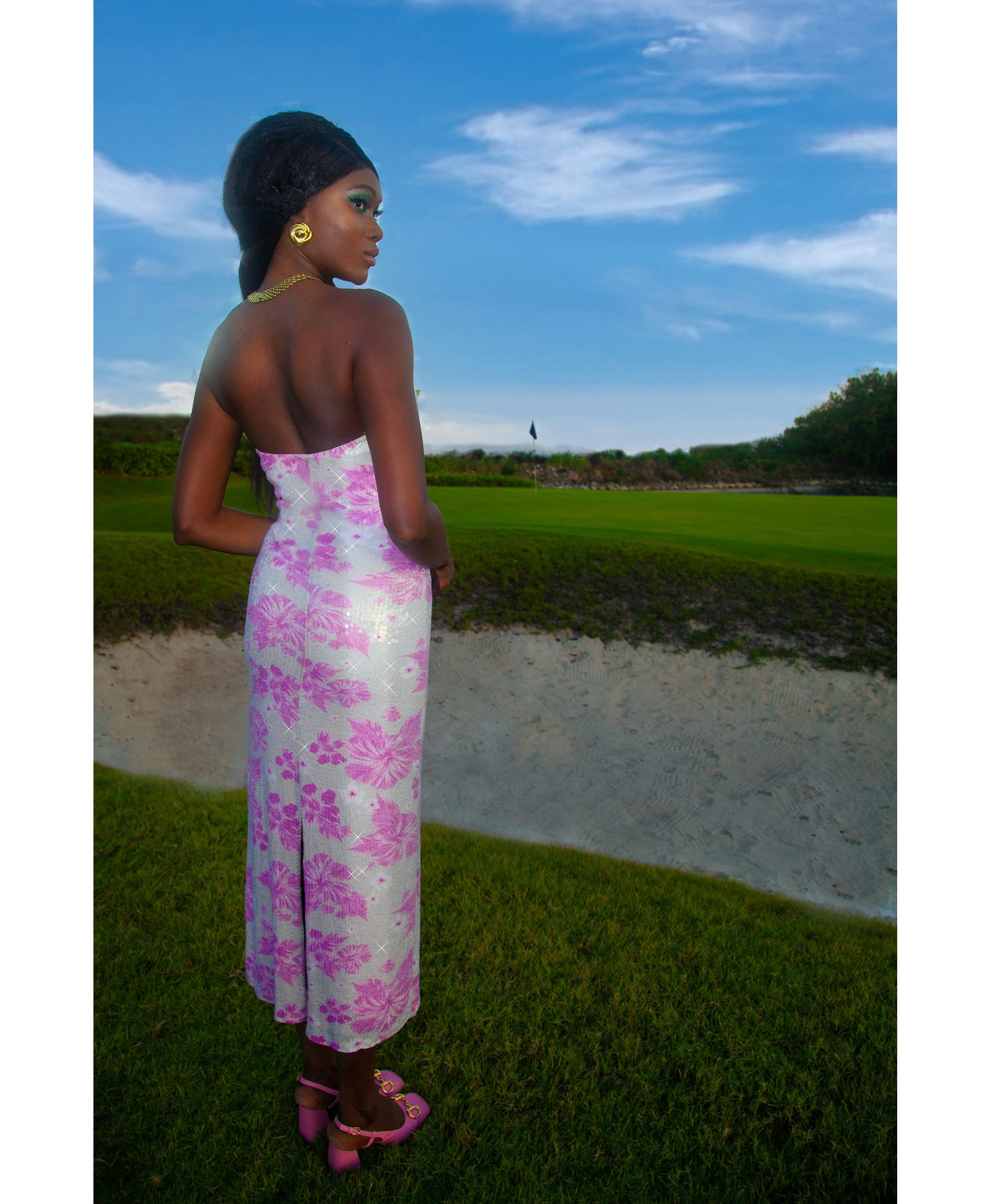 Florentina White And Pink Strapless Sequin Maxi Dress made by Oceanus Swimwear