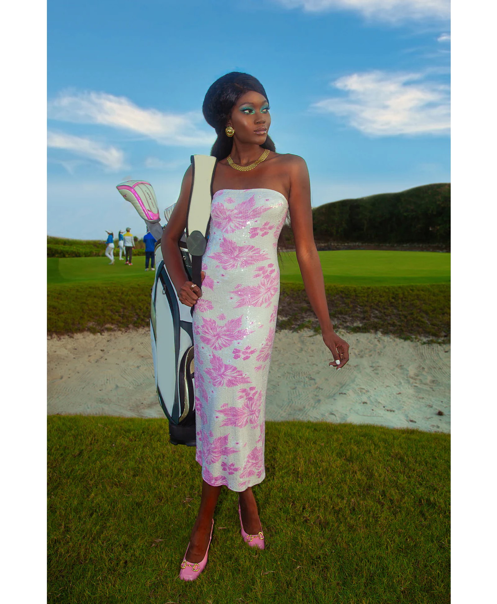Florentina White And Pink Strapless Sequin Maxi Dress made by Oceanus Swimwear
