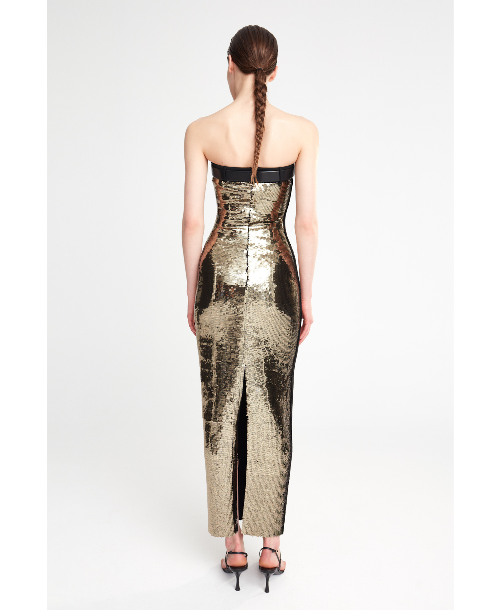 Gloria - Strapless Sequin Midi Dress in Gold made by ILA