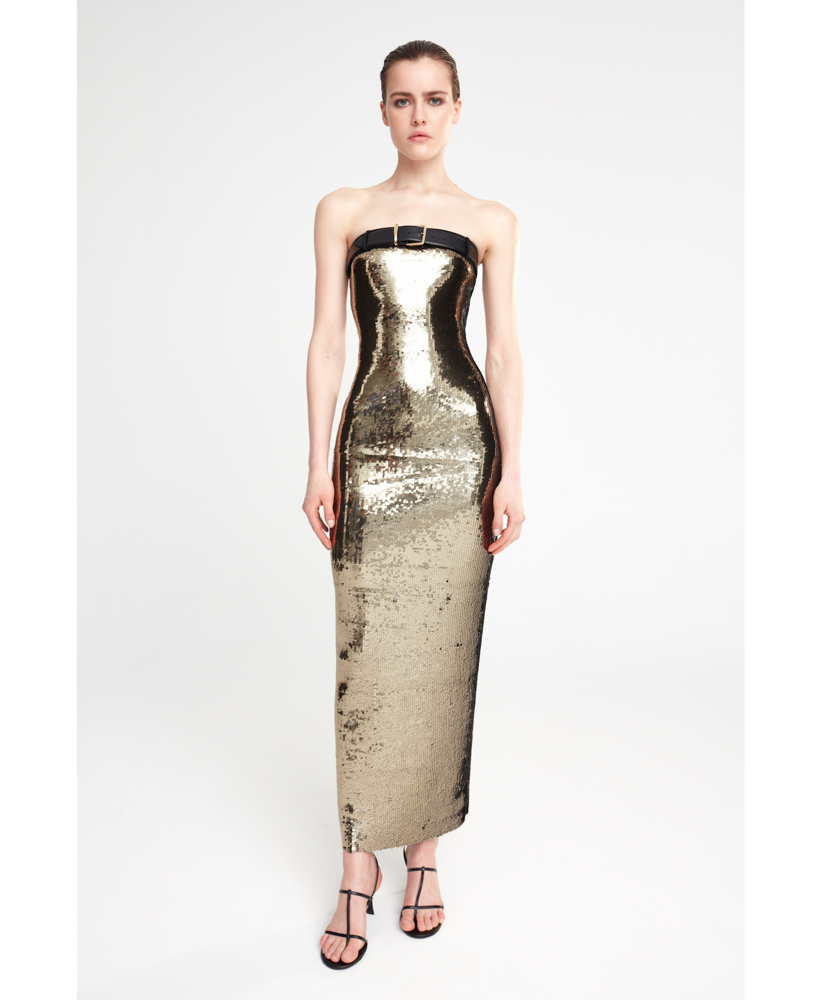 Gloria - Strapless Sequin Midi Dress in Gold made by ILA