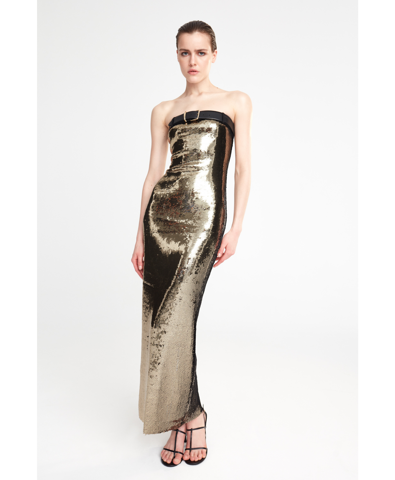 Gloria - Strapless Sequin Midi Dress in Gold made by ILA