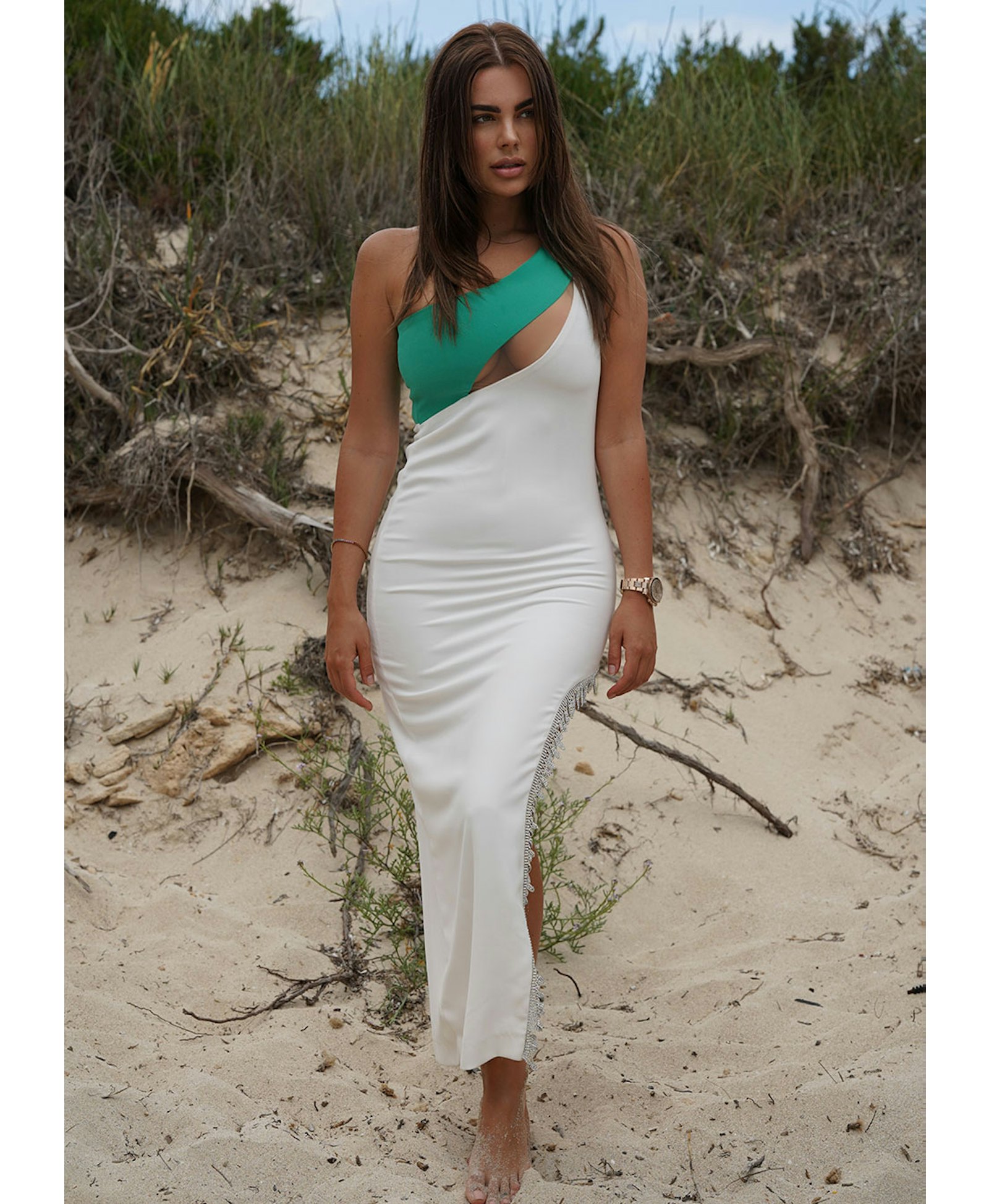 Leyla white crystal embellished midi dress made by Monika Dimova