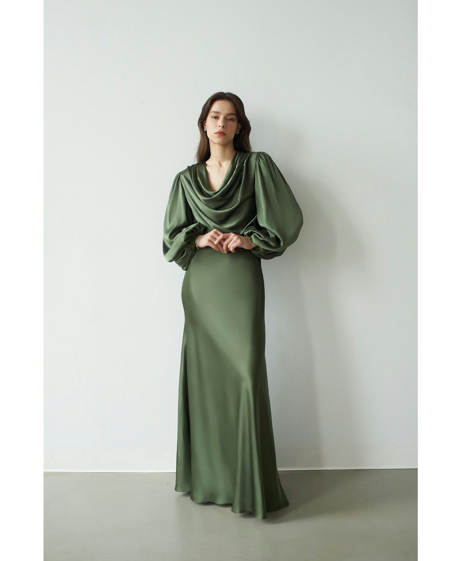 Alia Cowl Neck Gown Green Lily made by Vasiliki