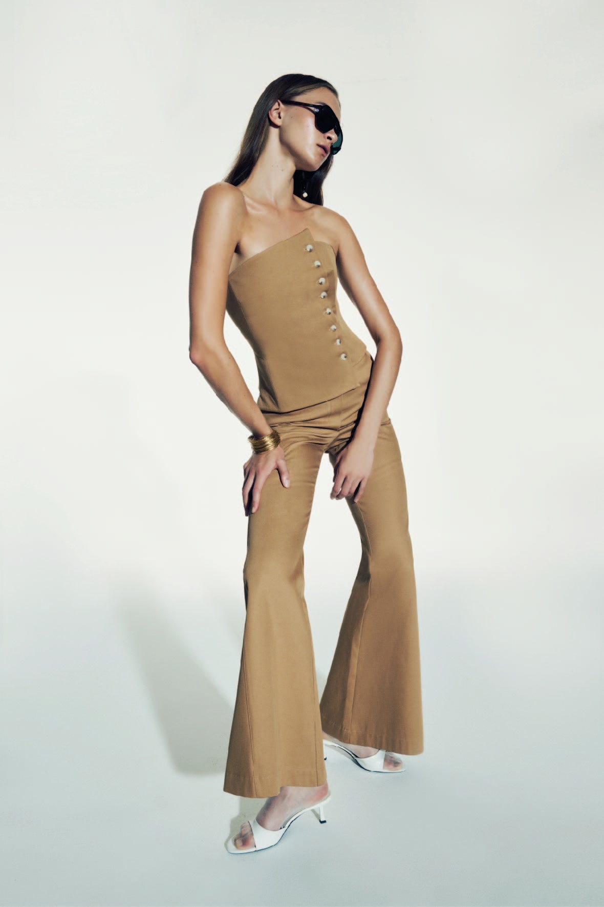 Shop Nazli Ceren Avrell Cotton Flared Trousers In Golden Straw