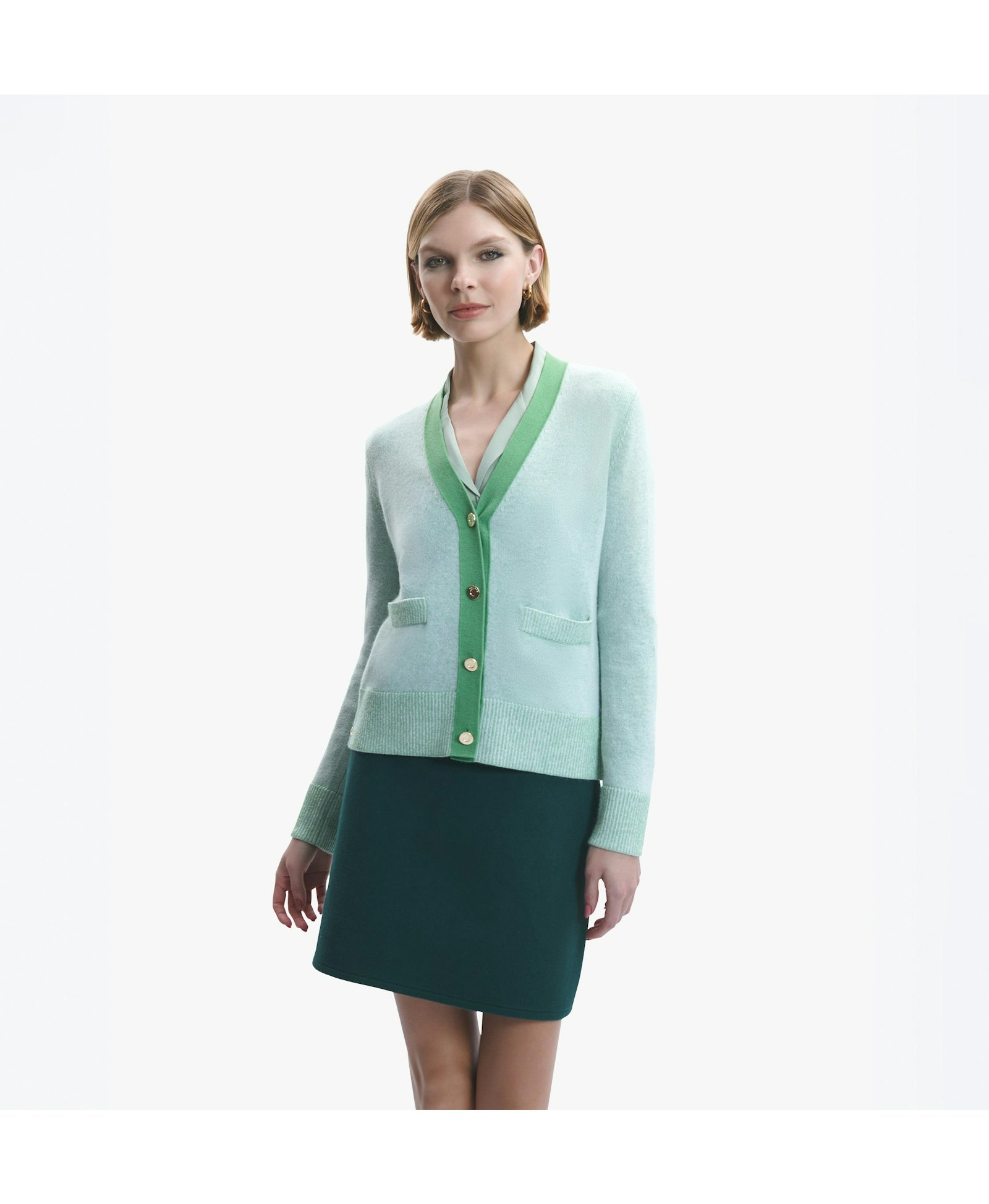 DOUBLE CASHMERE COLOR-BLOCKED V-NECK CARDIGAN in Green made by CRUSH Collection