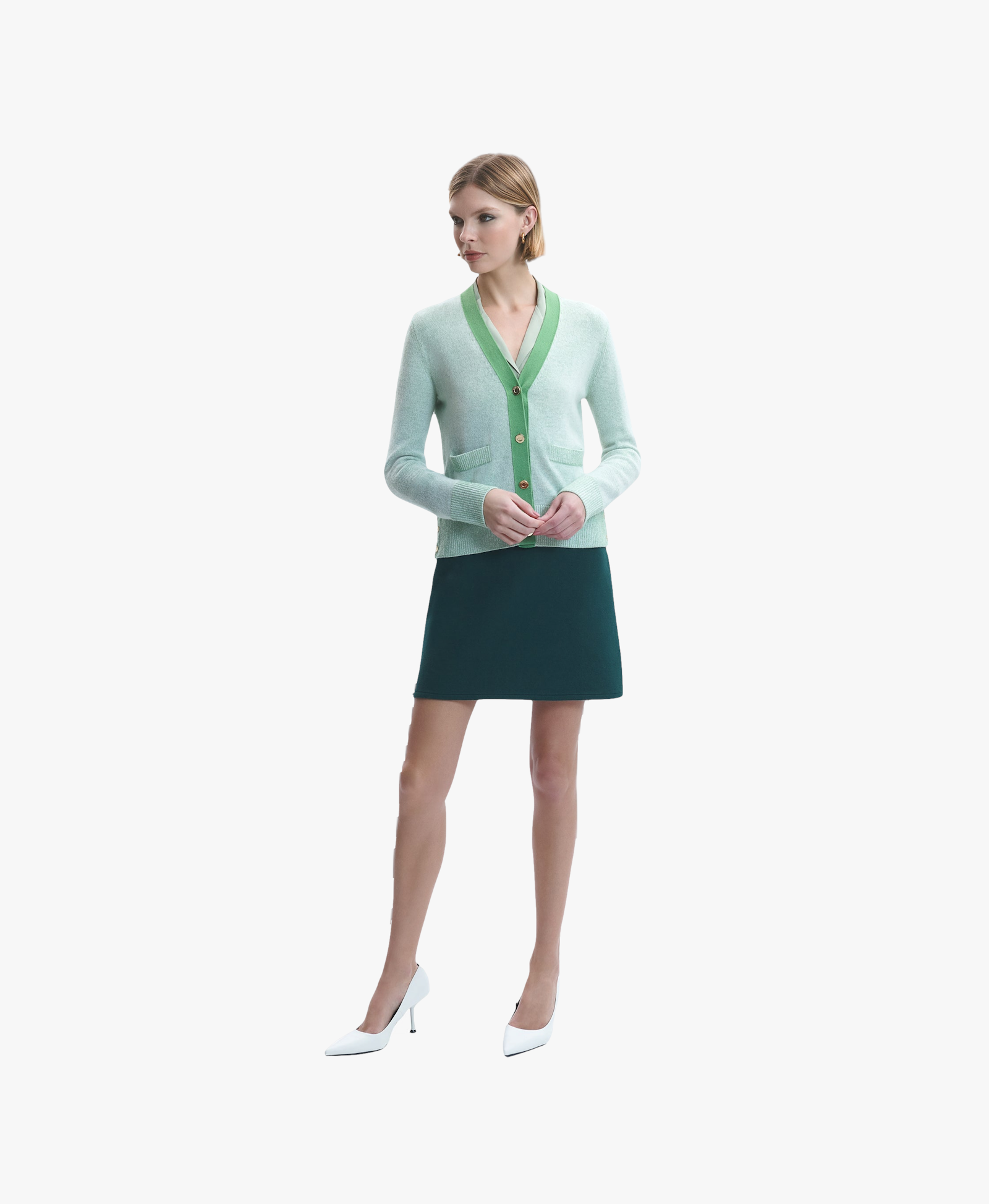 DOUBLE CASHMERE COLOR-BLOCKED V-NECK CARDIGAN in Green made by CRUSH Collection