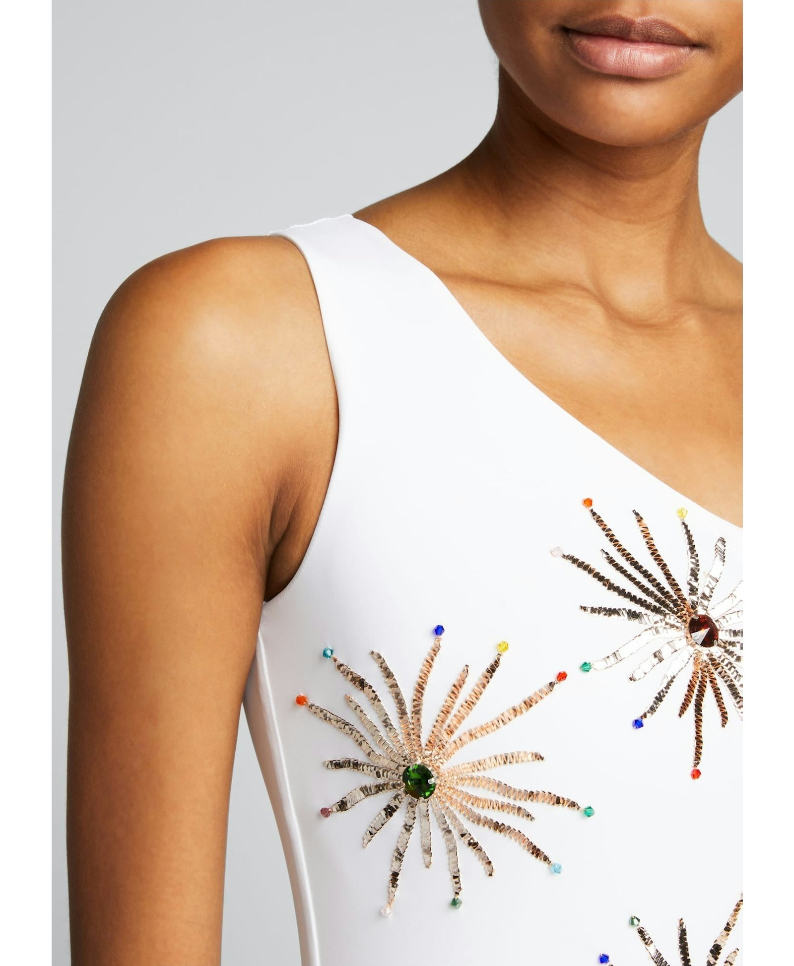 Callie One Shoulder Hand Embroidered White Suit in White made by Oceanus Swimwear