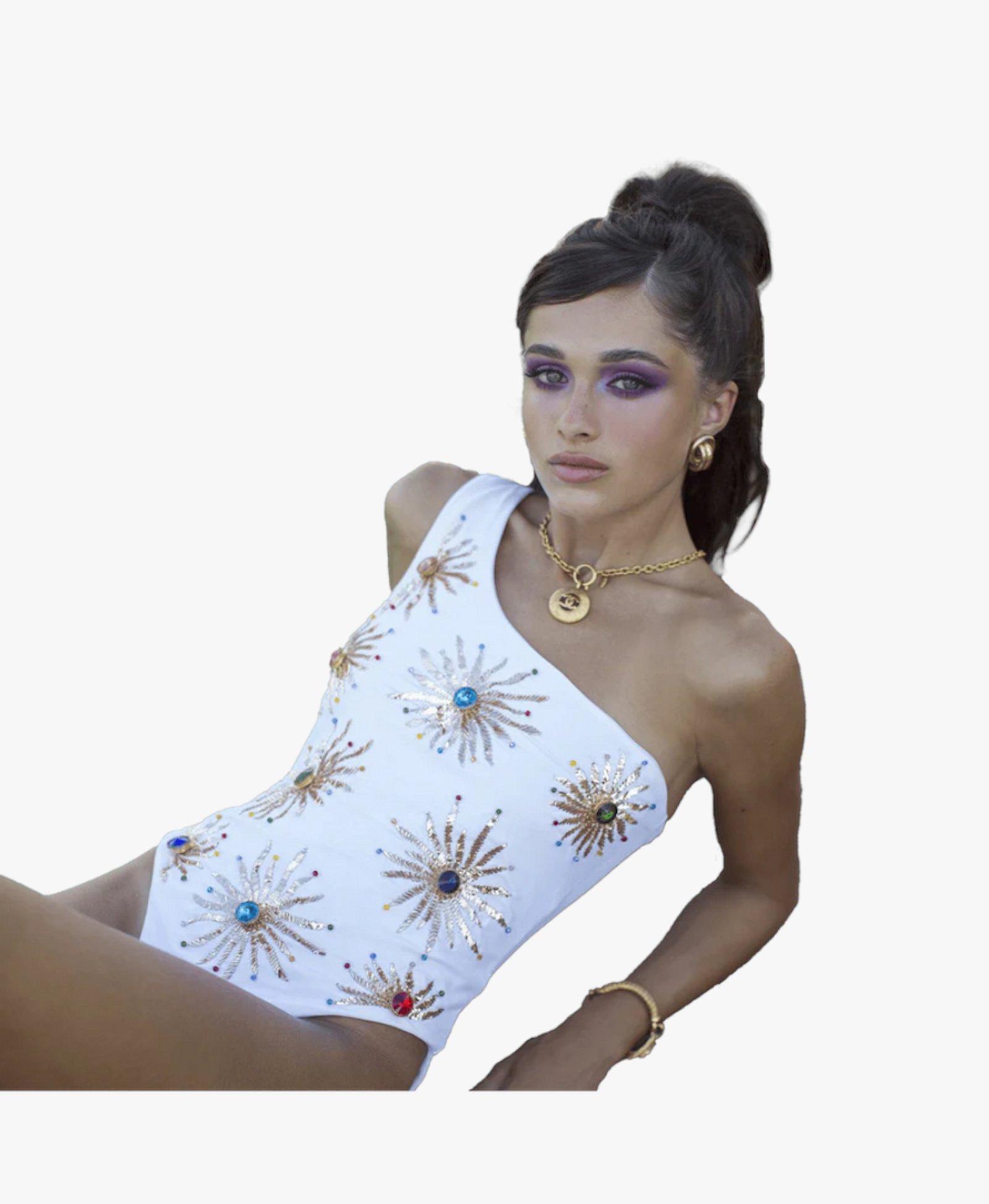 Callie One Shoulder Hand Embroidered White Suit in White made by Oceanus Swimwear