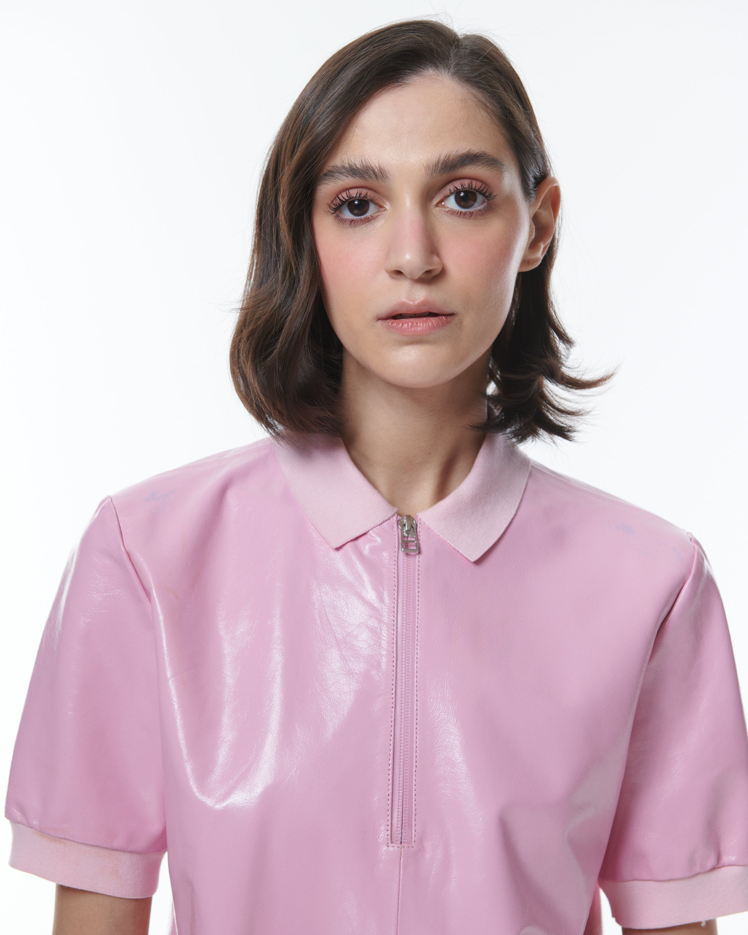 Shop Theo The Label Leto Paper Leather Zip Polo Tee In Pink