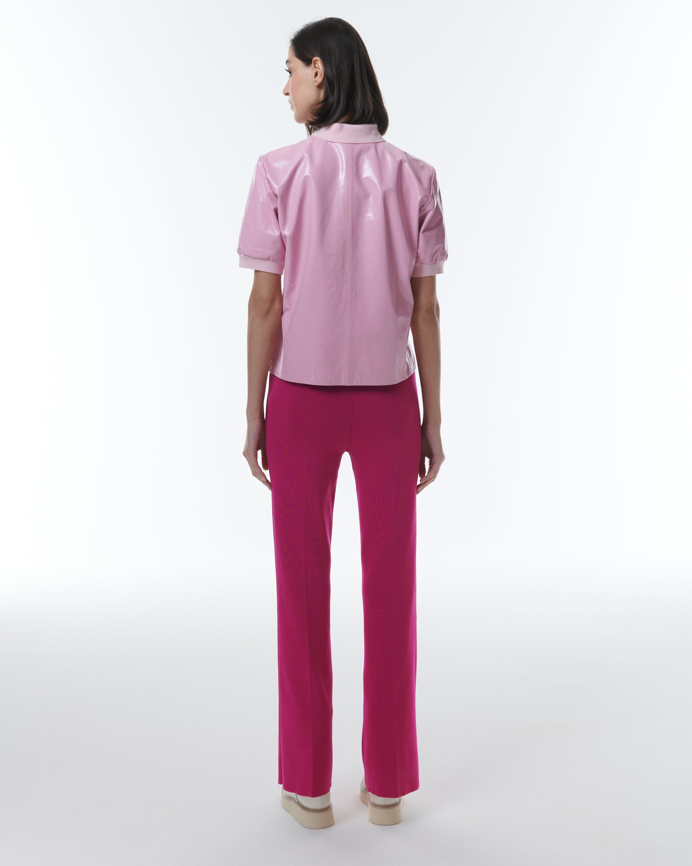 Shop Theo The Label Leto Paper Leather Zip Polo Tee In Pink