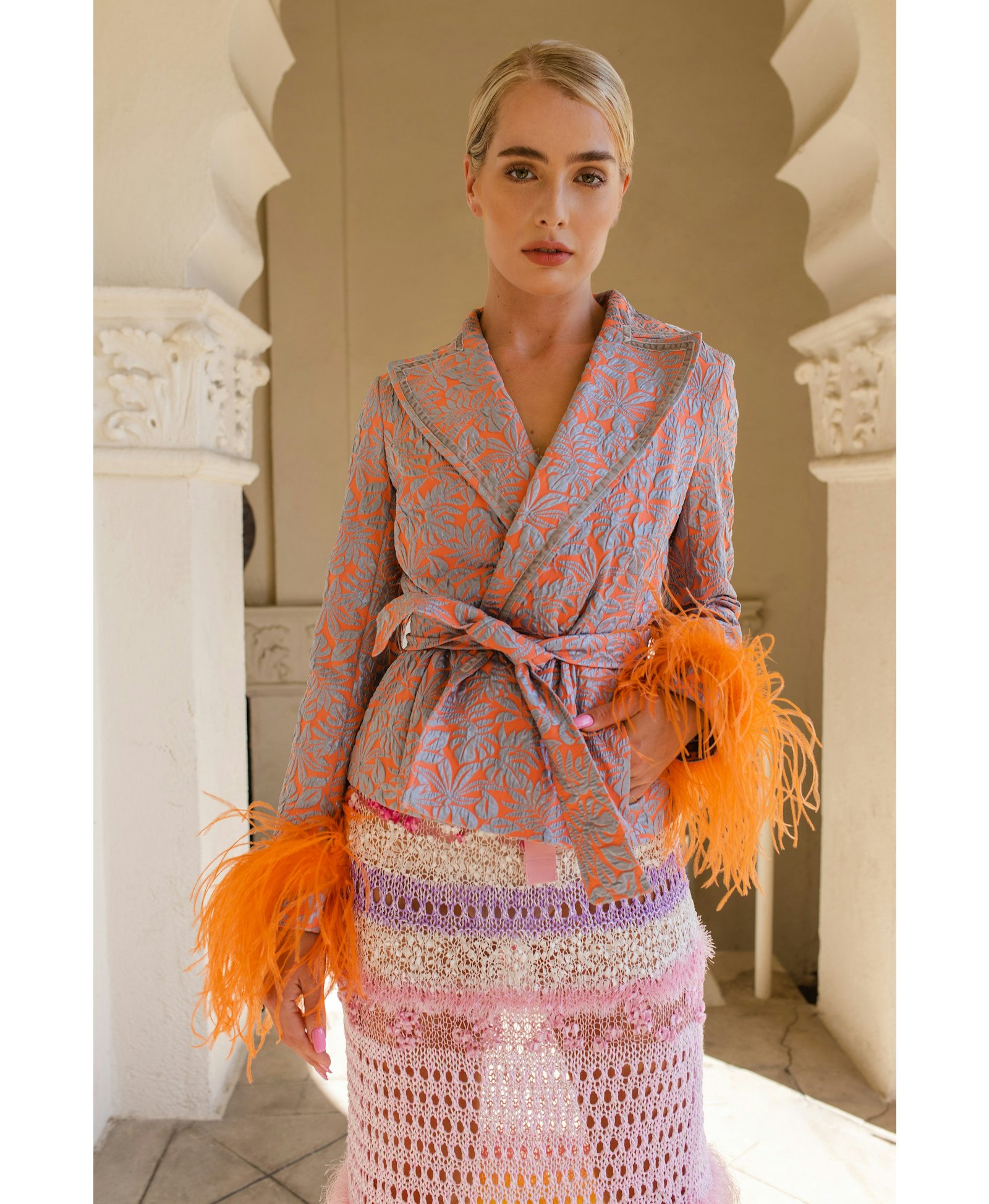 Orange Jacquard Jacket №22 with detachable feather cuffs made by ANDREEVA