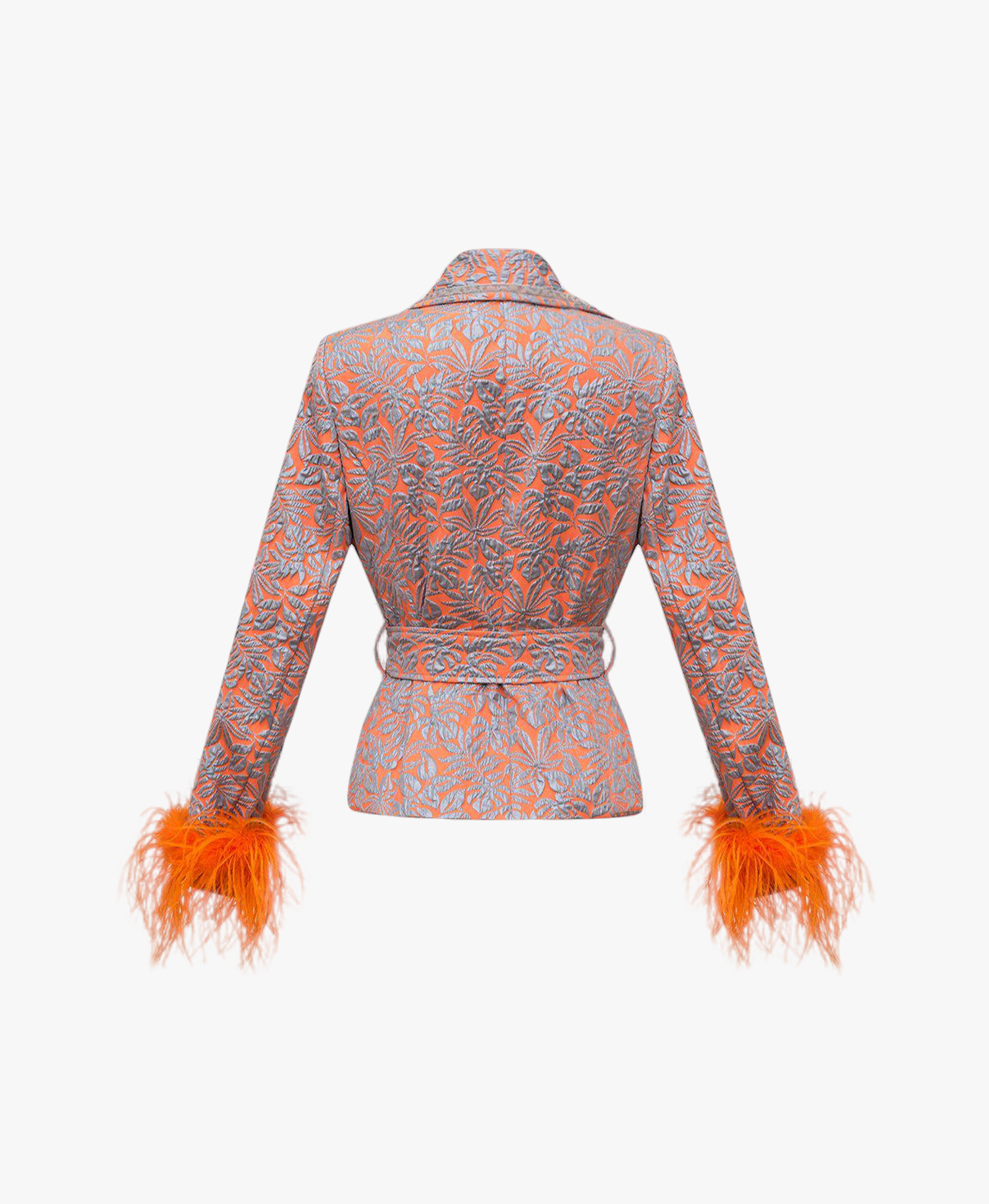 Orange Jacquard Jacket №22 with detachable feather cuffs made by ANDREEVA