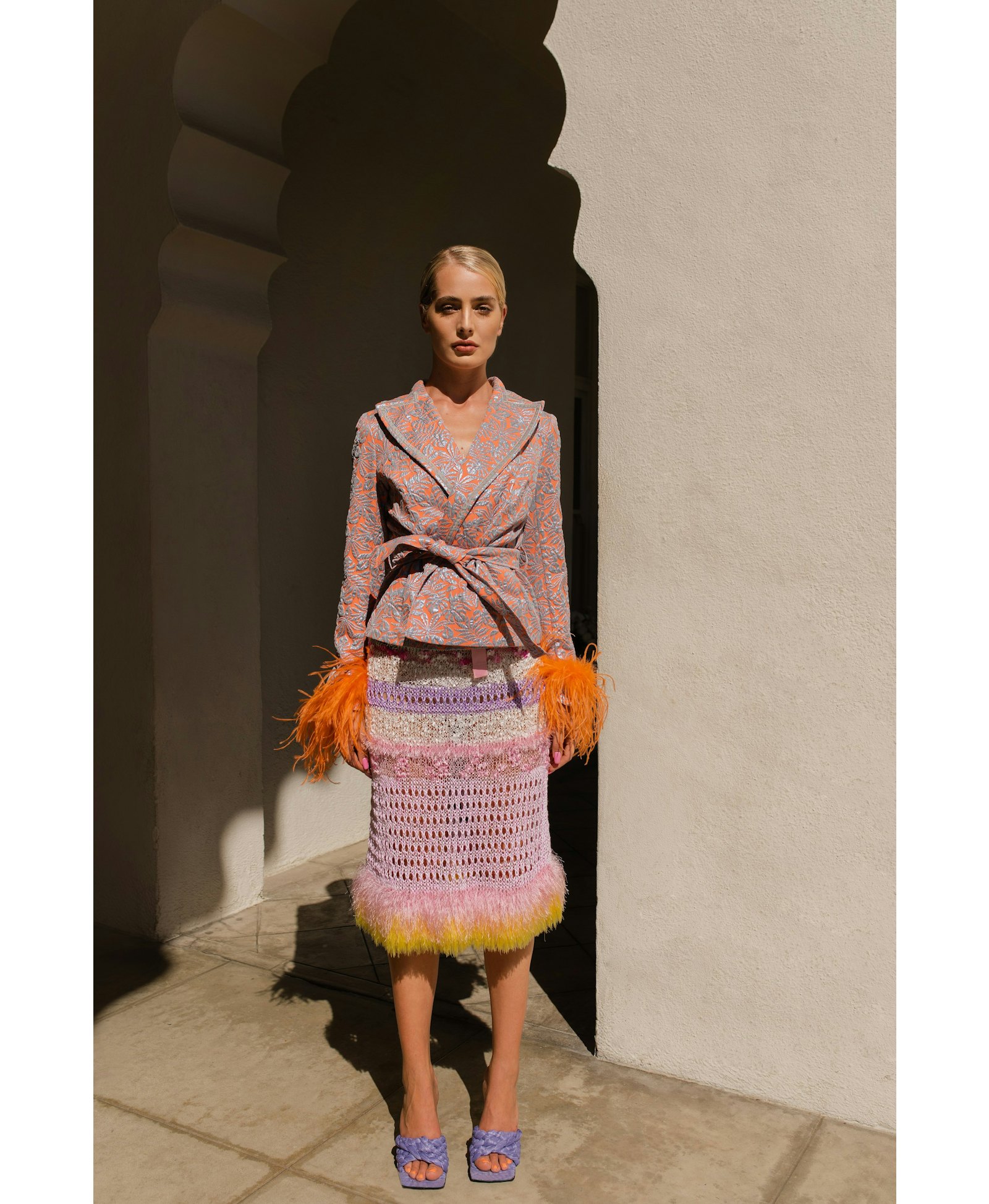 Orange Jacquard Jacket №22 with detachable feather cuffs made by ANDREEVA