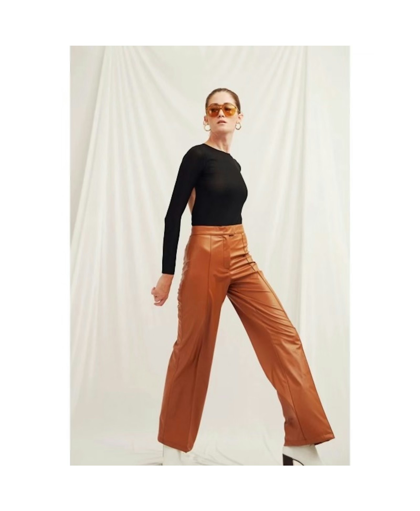 Alba Vegan Leather Wide-Leg Trousers in Orange made by Nazli Ceren