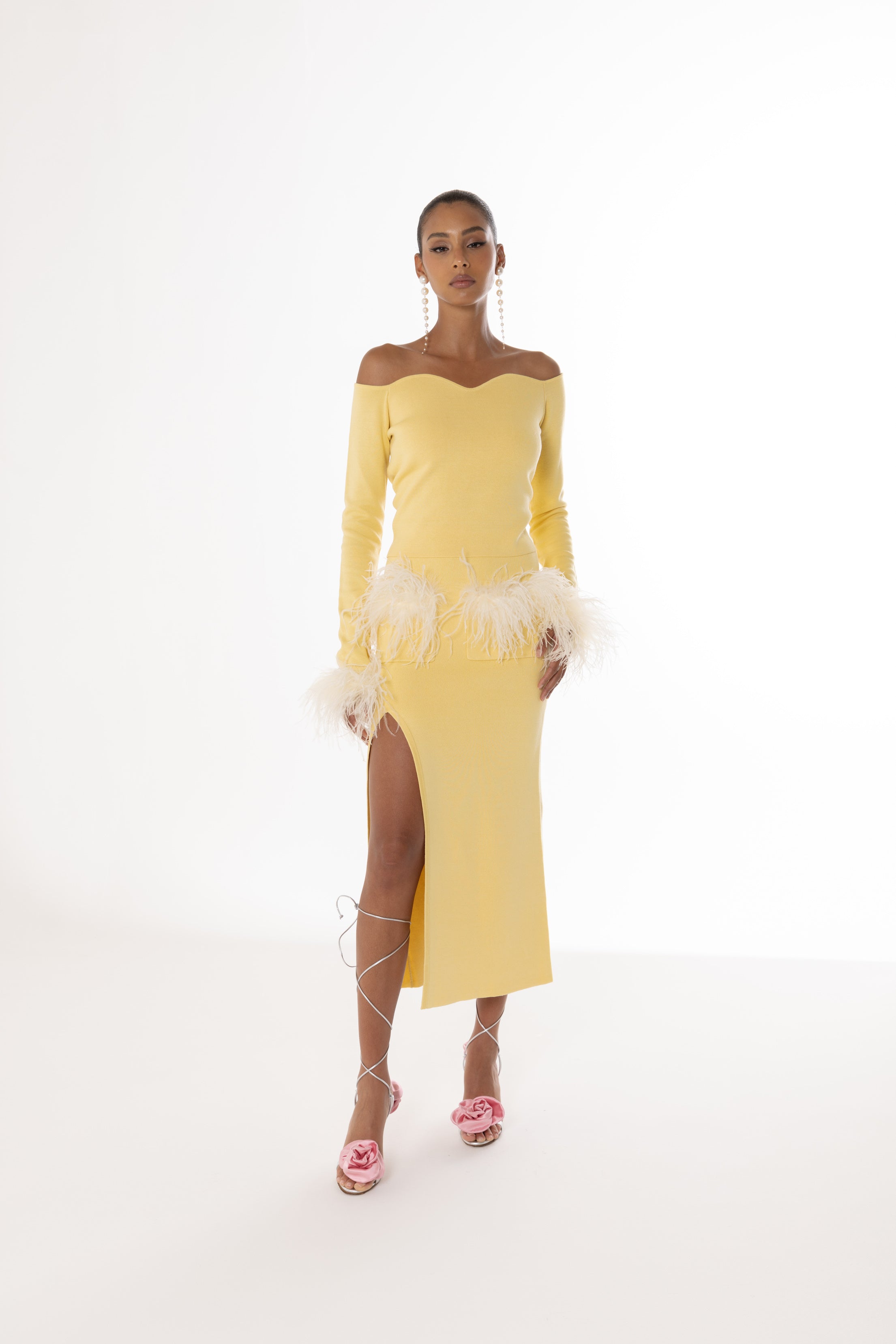 Shop Andreeva Yellow Vanilla Knit Skirt With Feathers