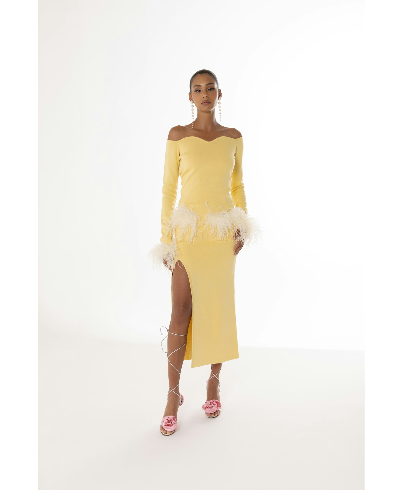 Yellow Vanilla Knit Skirt With Feathers made by ANDREEVA