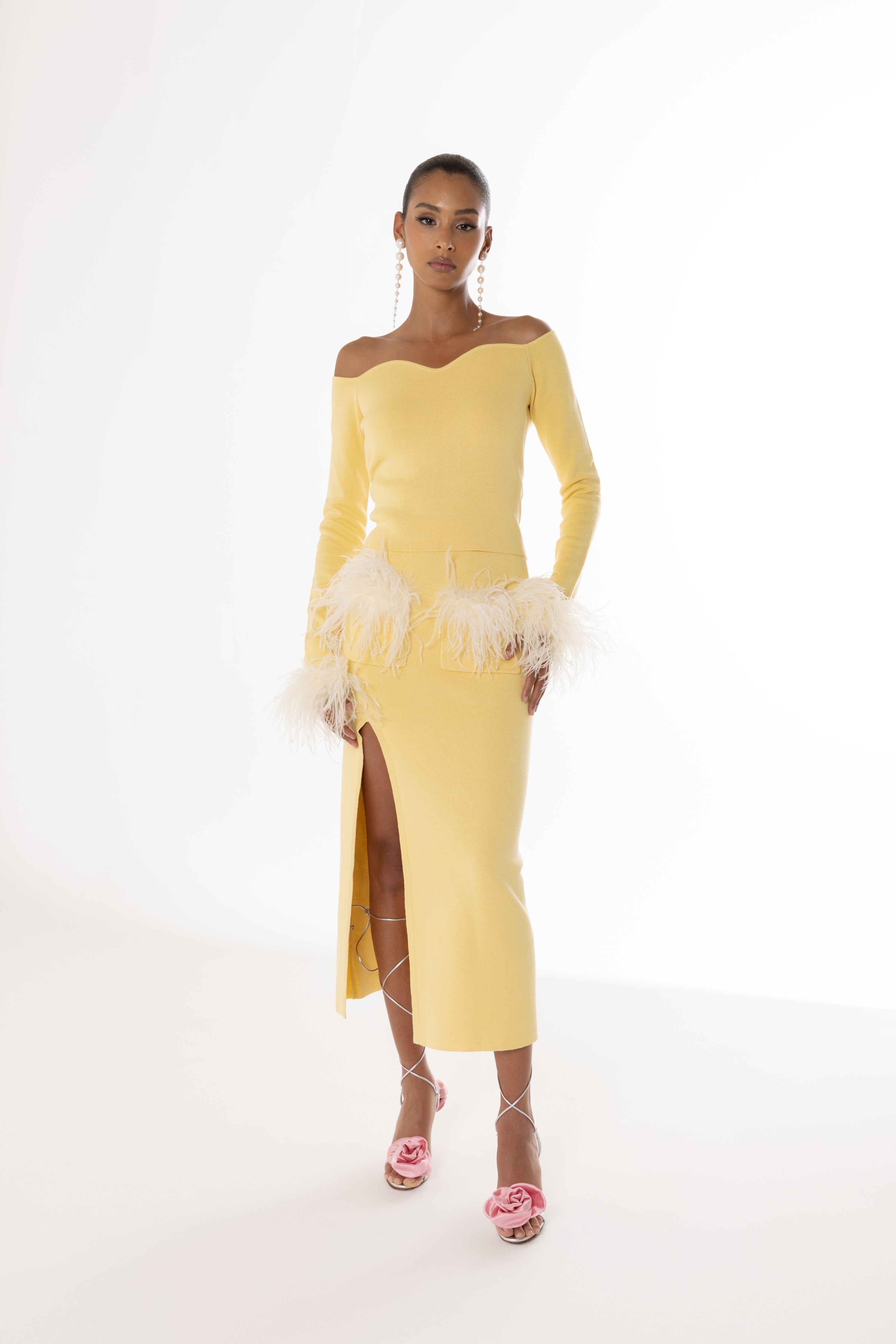 Shop Andreeva Yellow Vanilla Knit Skirt With Feathers