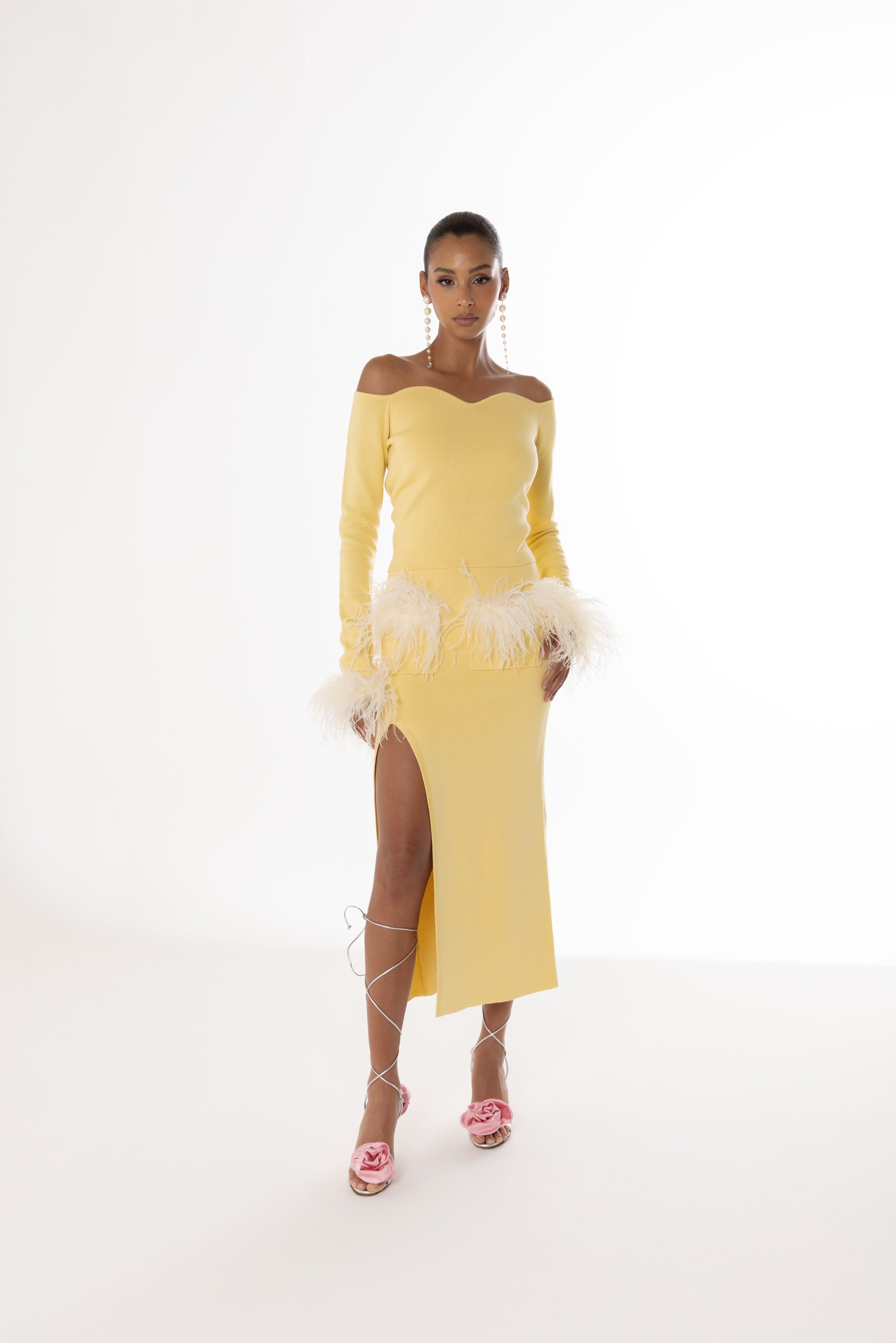 Shop Andreeva Yellow Vanilla Knit Skirt With Feathers