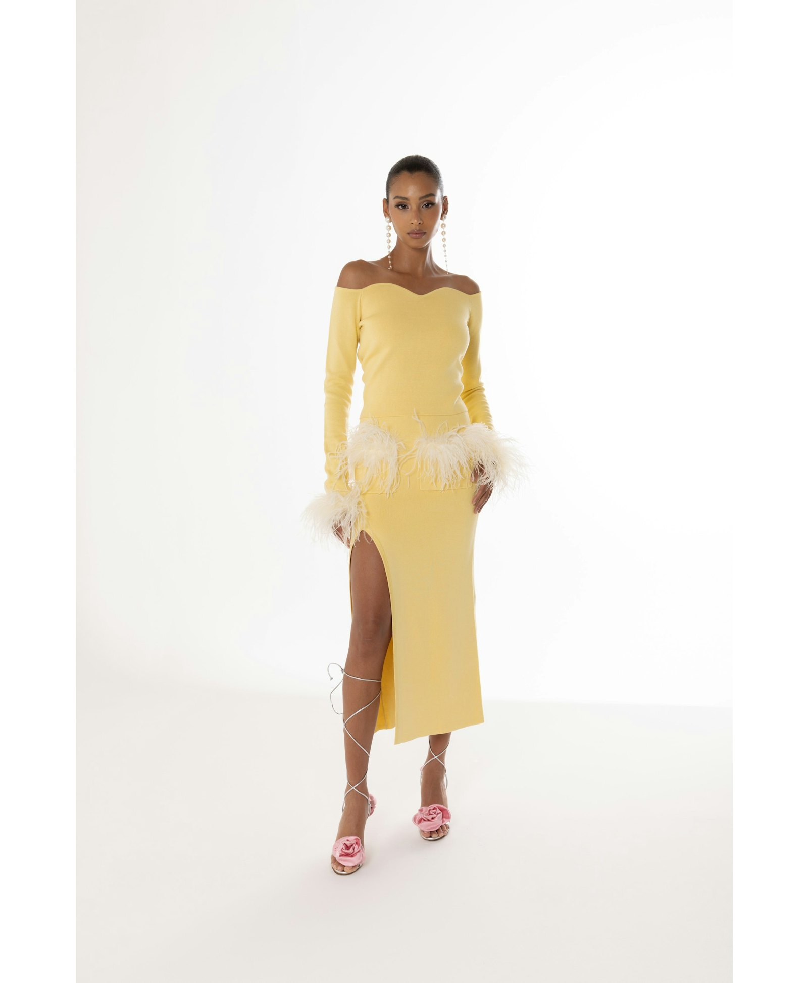 Yellow Vanilla Knit Skirt With Feathers made by ANDREEVA