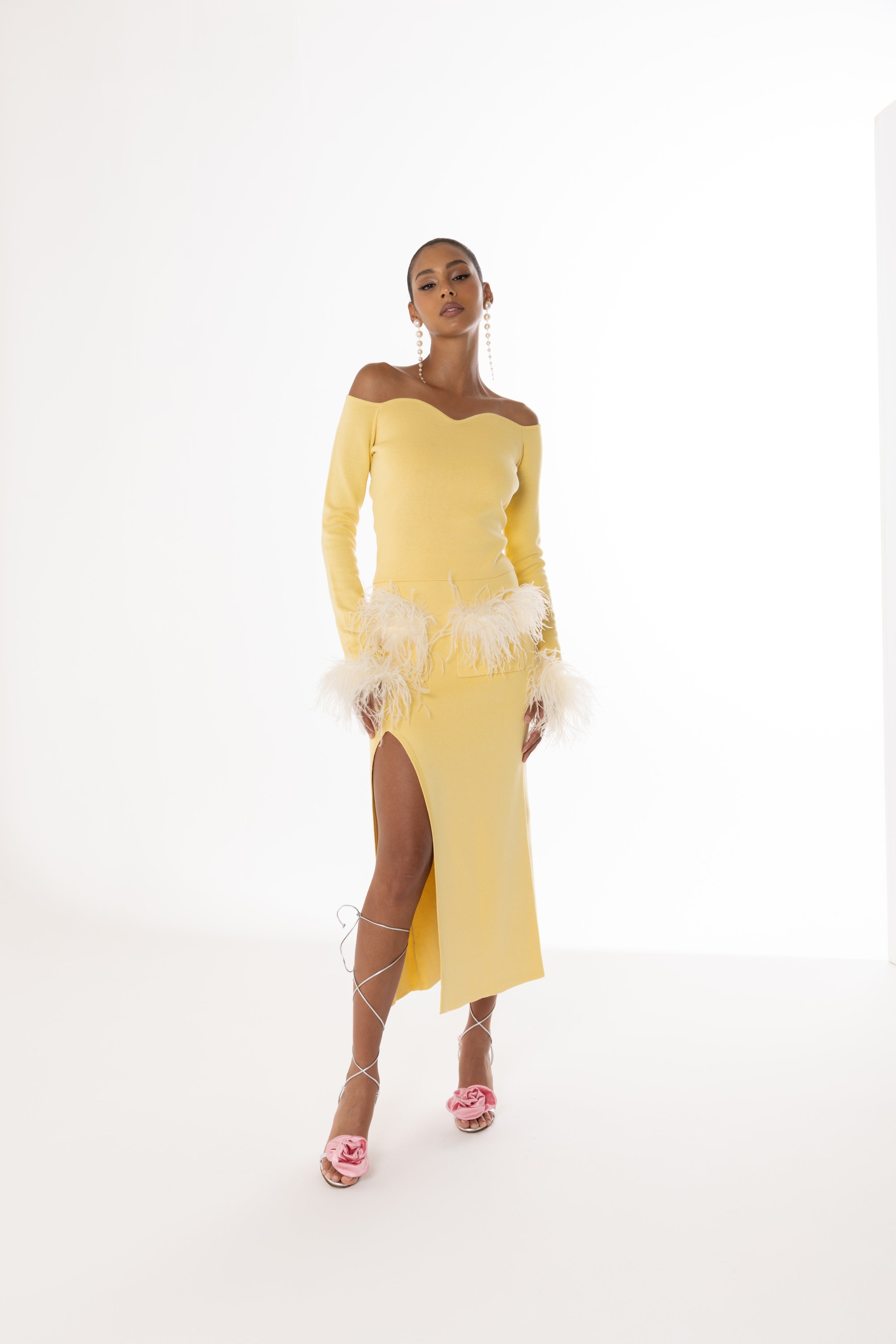 Shop Andreeva Yellow Vanilla Knit Skirt With Feathers