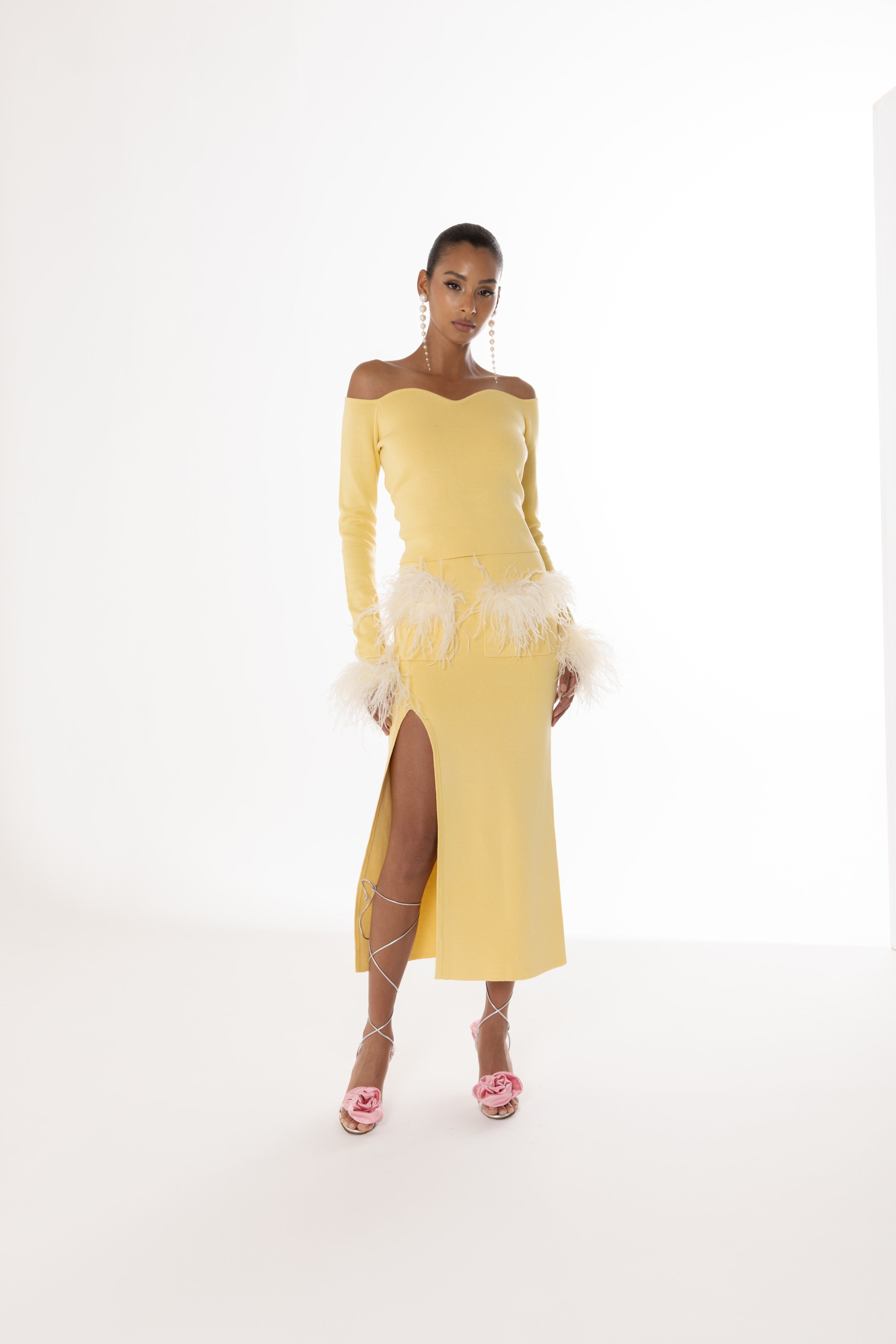 Shop Andreeva Yellow Vanilla Knit Skirt With Feathers