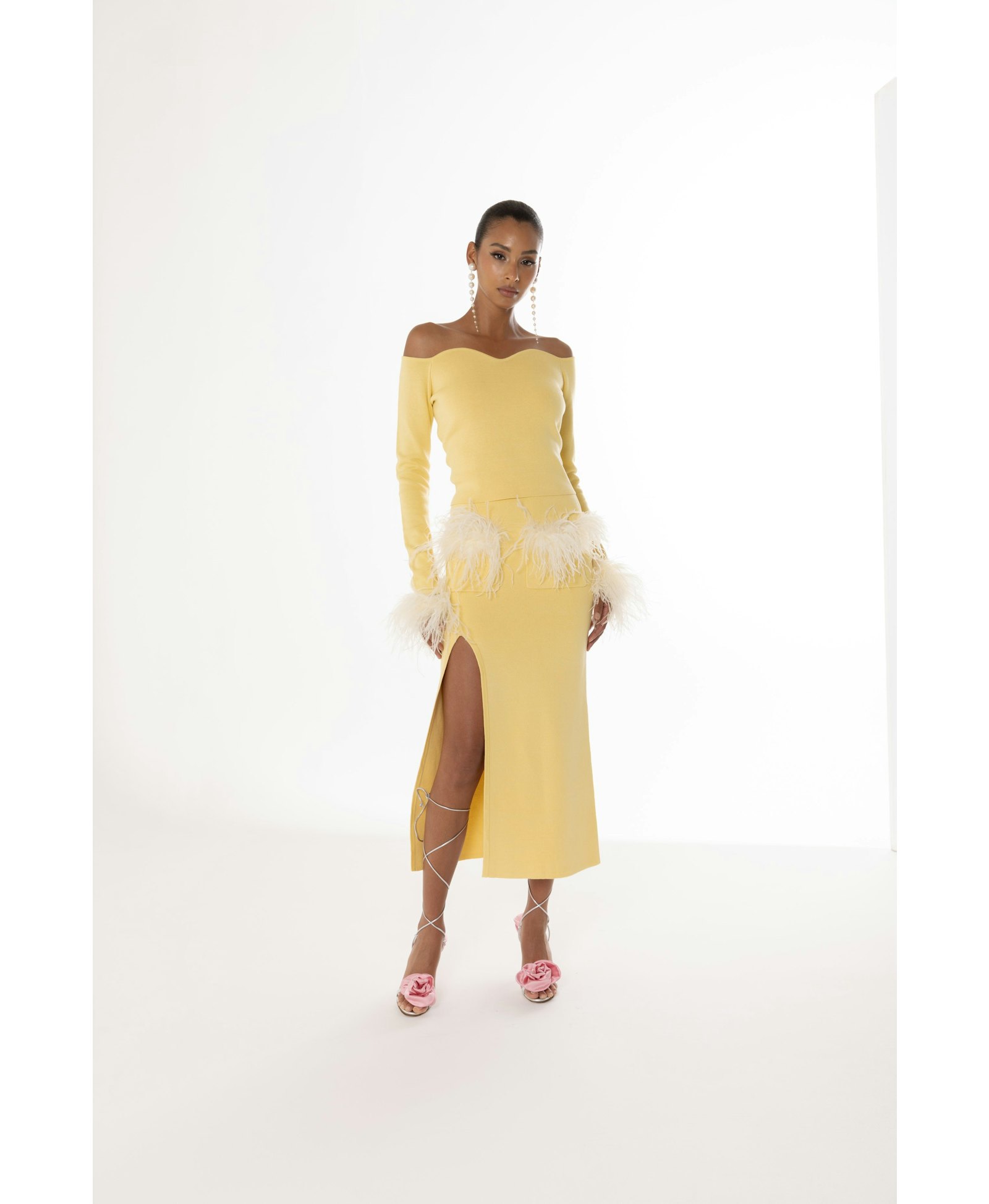 Yellow Vanilla Knit Skirt With Feathers made by ANDREEVA