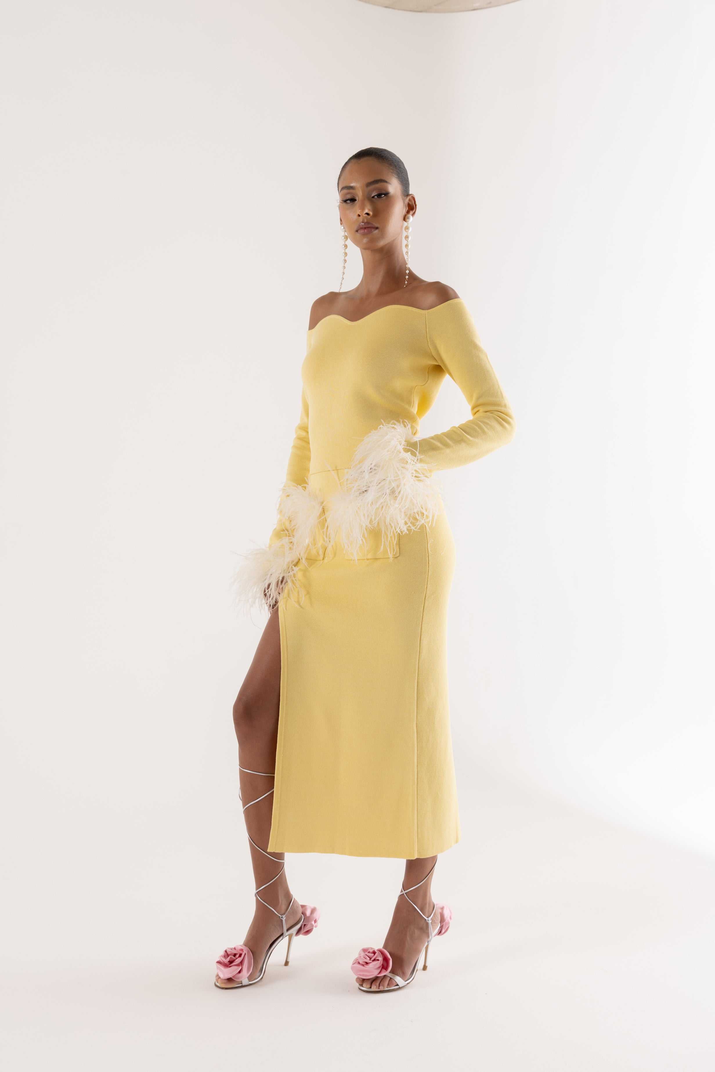 Shop Andreeva Yellow Vanilla Knit Skirt With Feathers