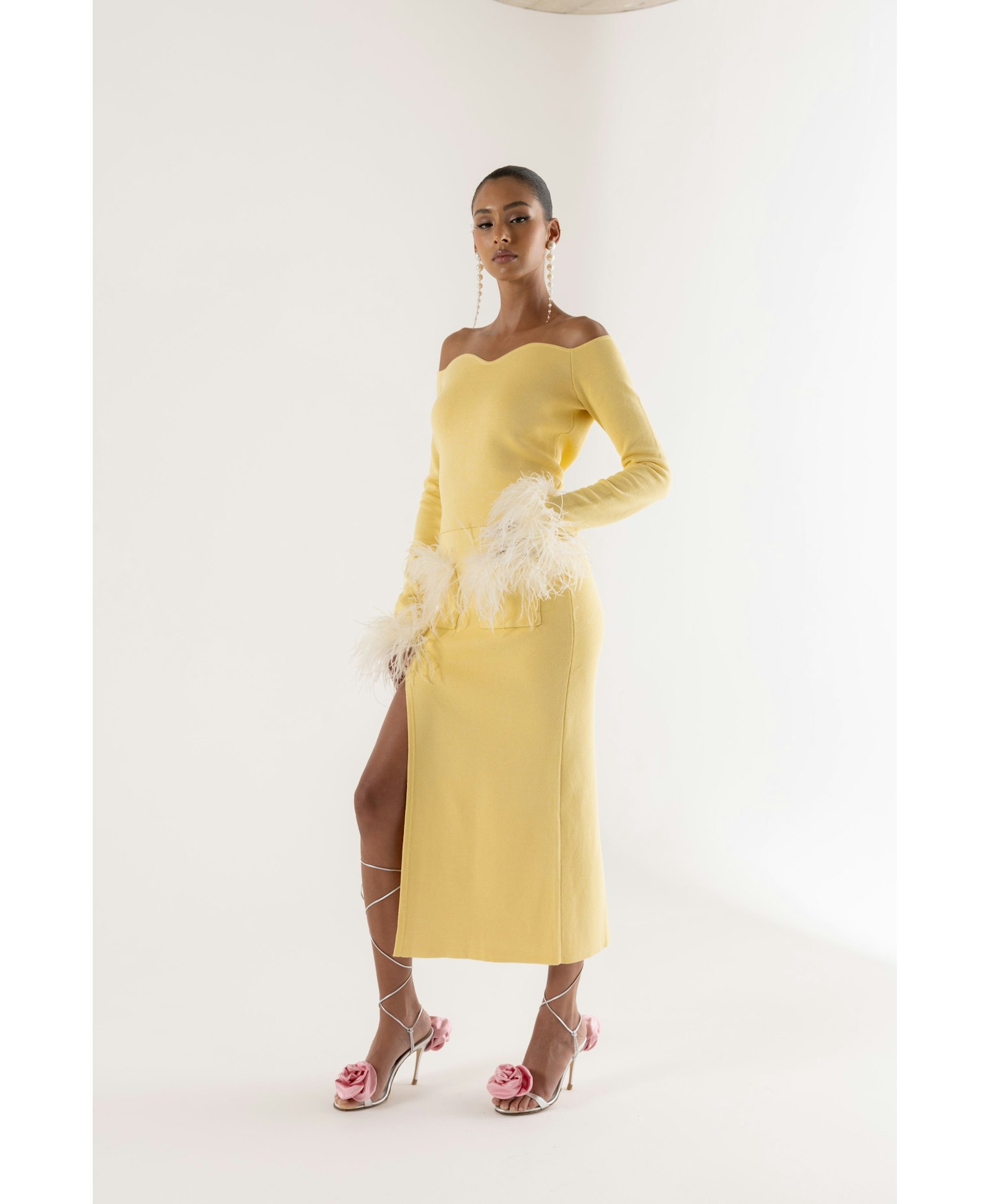 Yellow Vanilla Knit Skirt With Feathers made by ANDREEVA