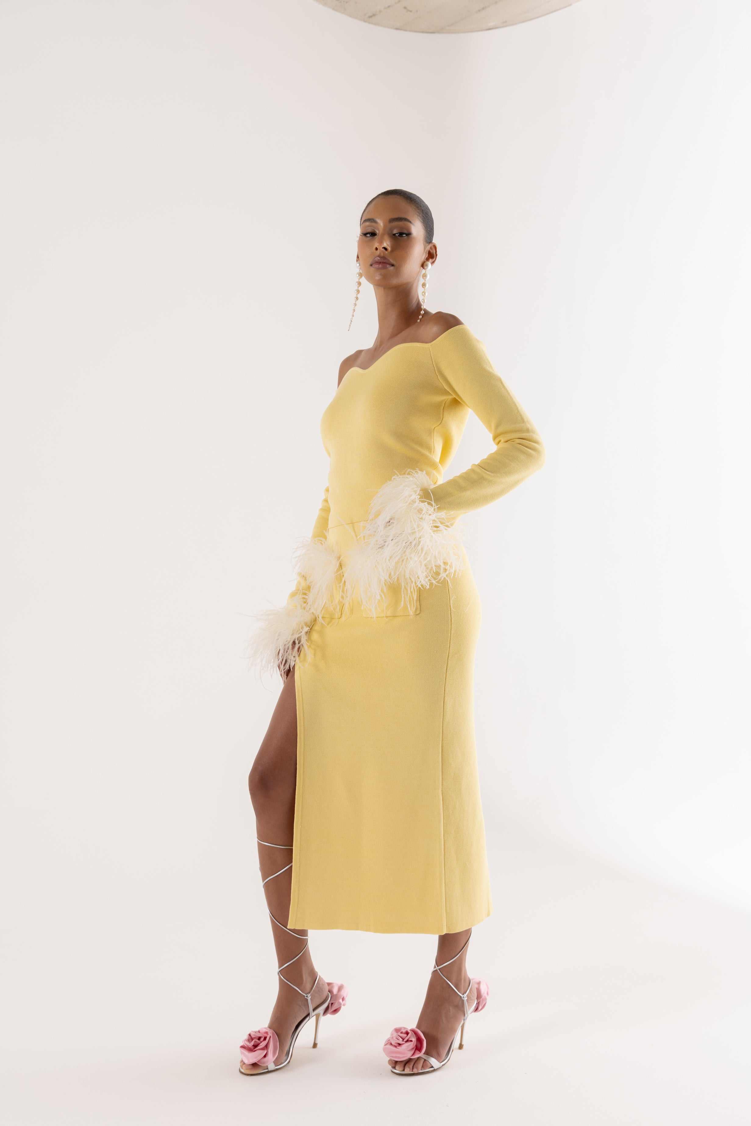 Shop Andreeva Yellow Vanilla Knit Skirt With Feathers