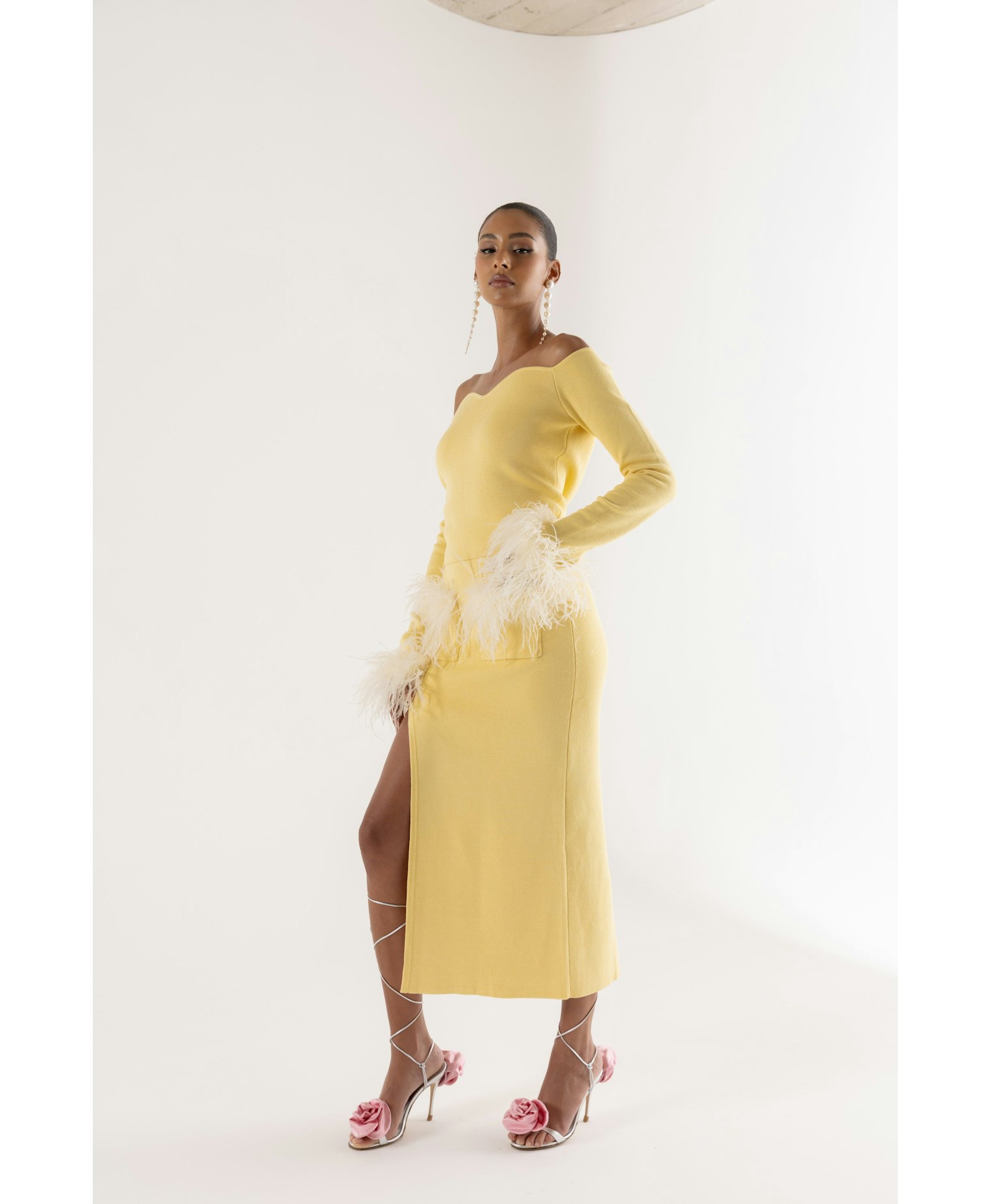 Yellow Vanilla Knit Skirt With Feathers made by ANDREEVA