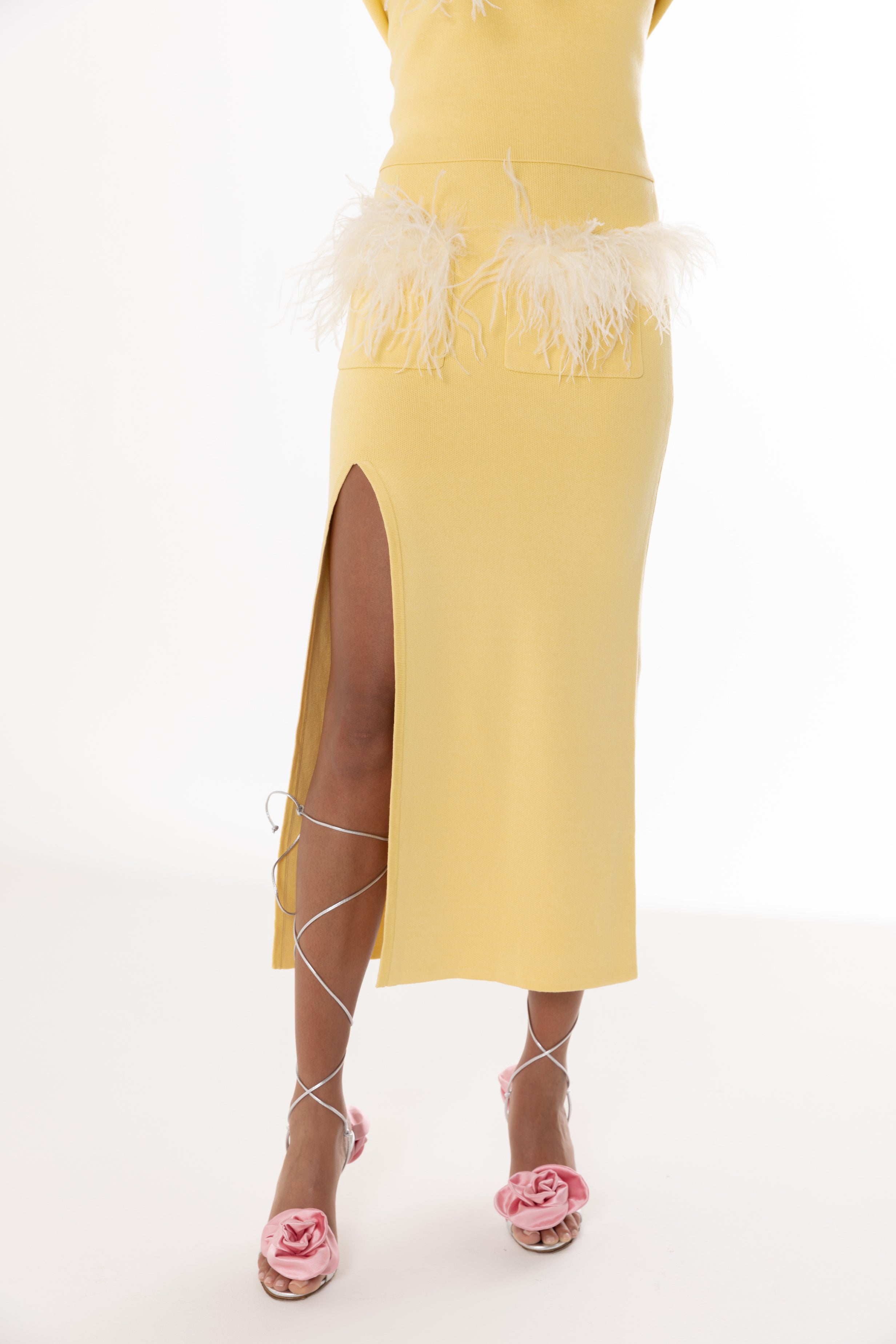 Shop Andreeva Yellow Vanilla Knit Skirt With Feathers