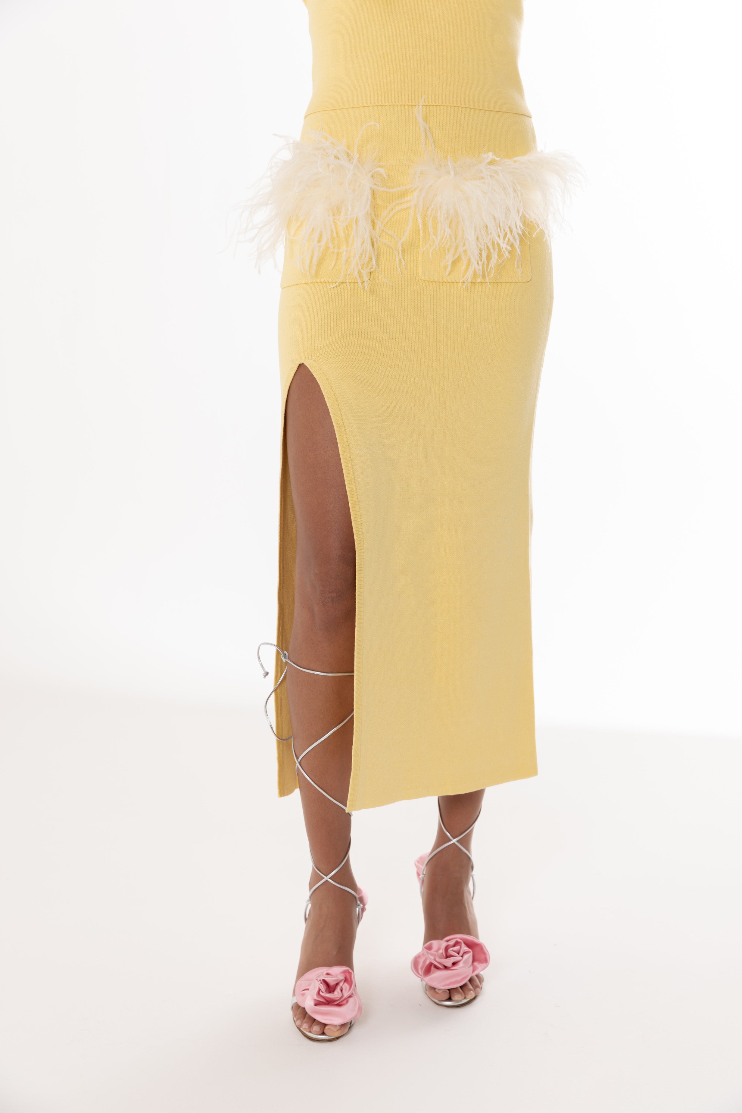 Shop Andreeva Yellow Vanilla Knit Skirt With Feathers