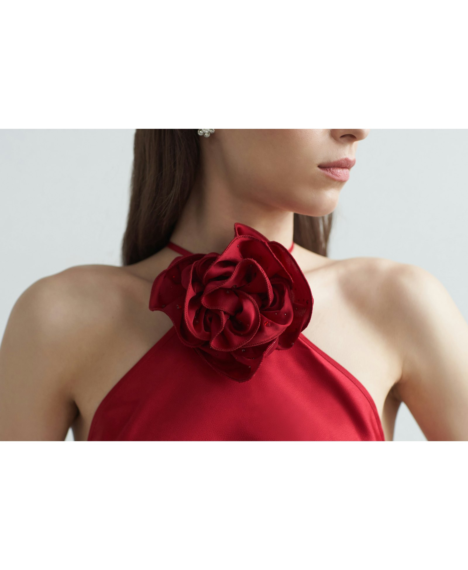 Belle Halter Neck Silky Dress With Crystallised Floral Corsage made by Vasiliki