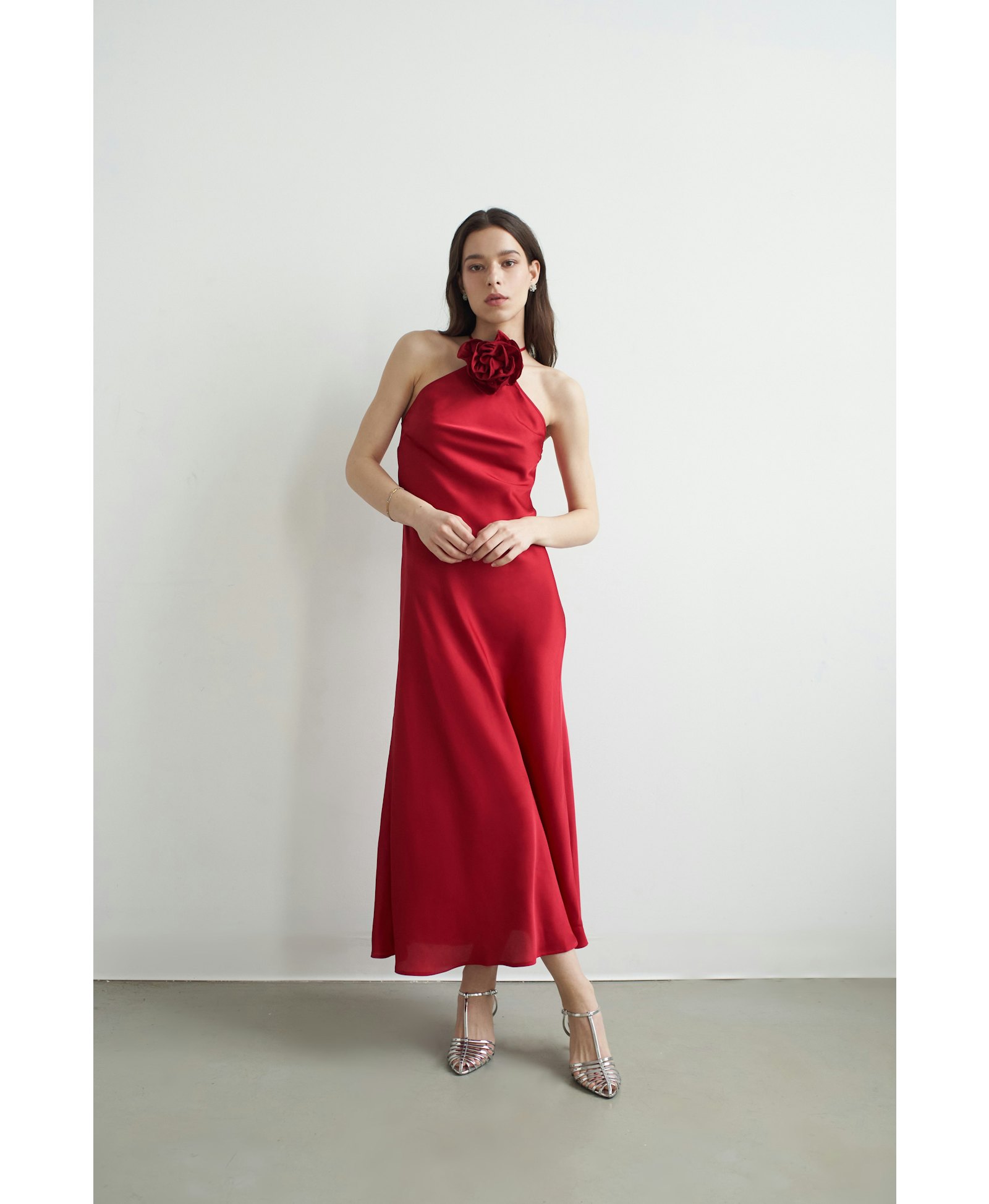 Belle Halter Neck Silky Dress With Crystallised Floral Corsage made by Vasiliki