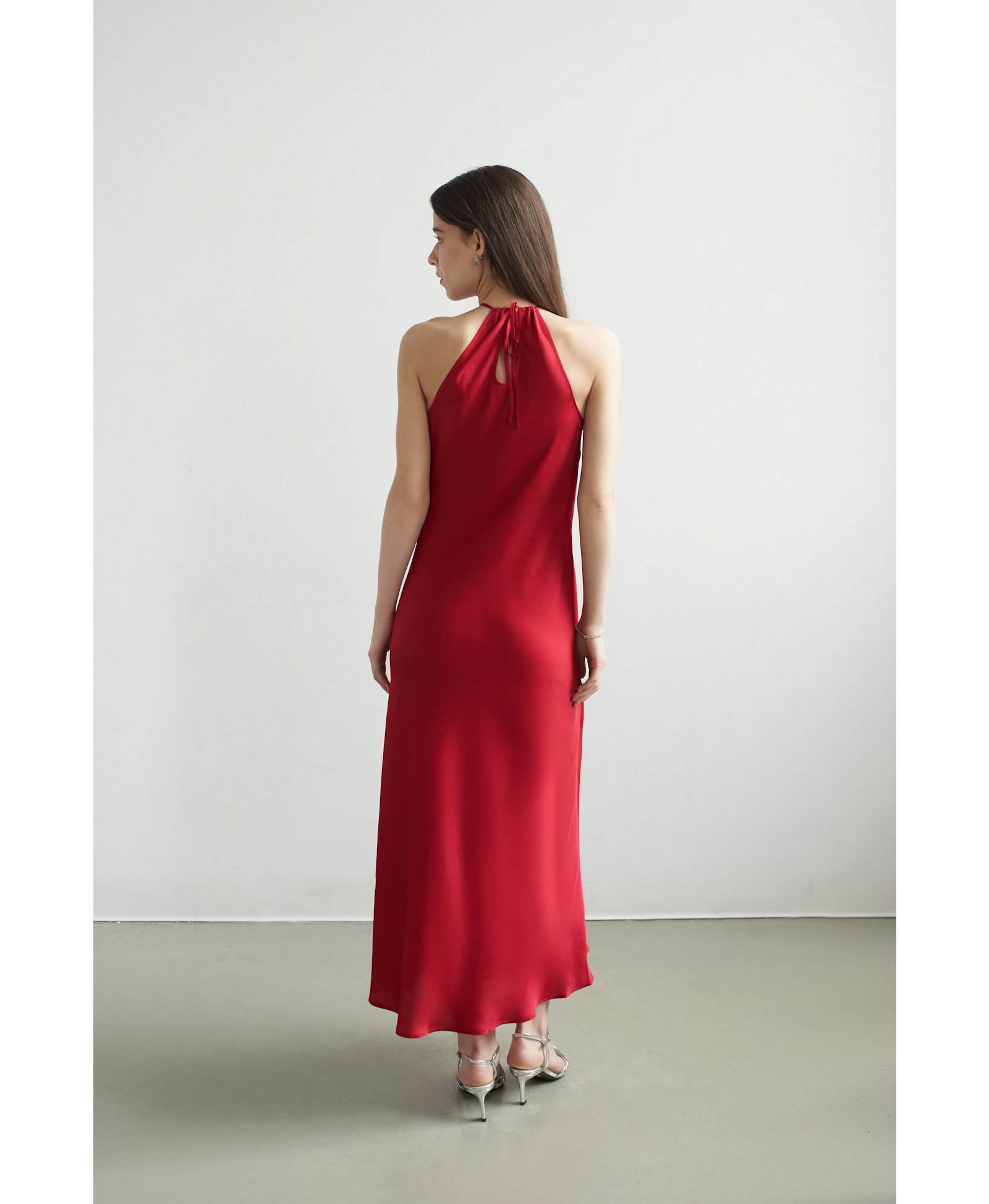 Belle Halter Neck Silky Dress With Crystallised Floral Corsage made by Vasiliki