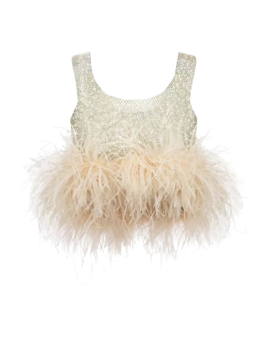 Santa Brands Gold Crop Top With Feathers