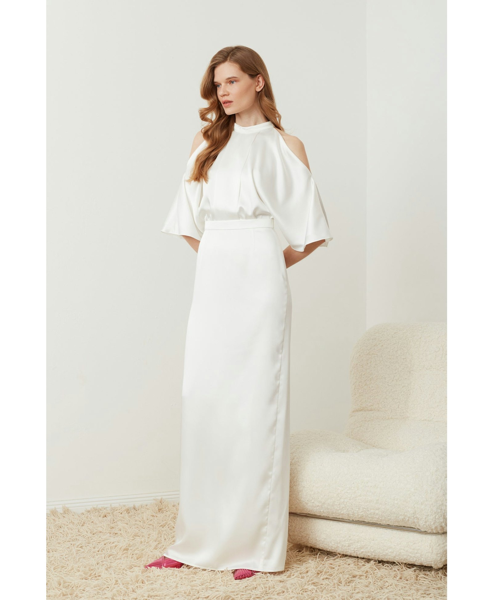 DEVA white cold shoulder maxi wedding dress made by UNDRESS