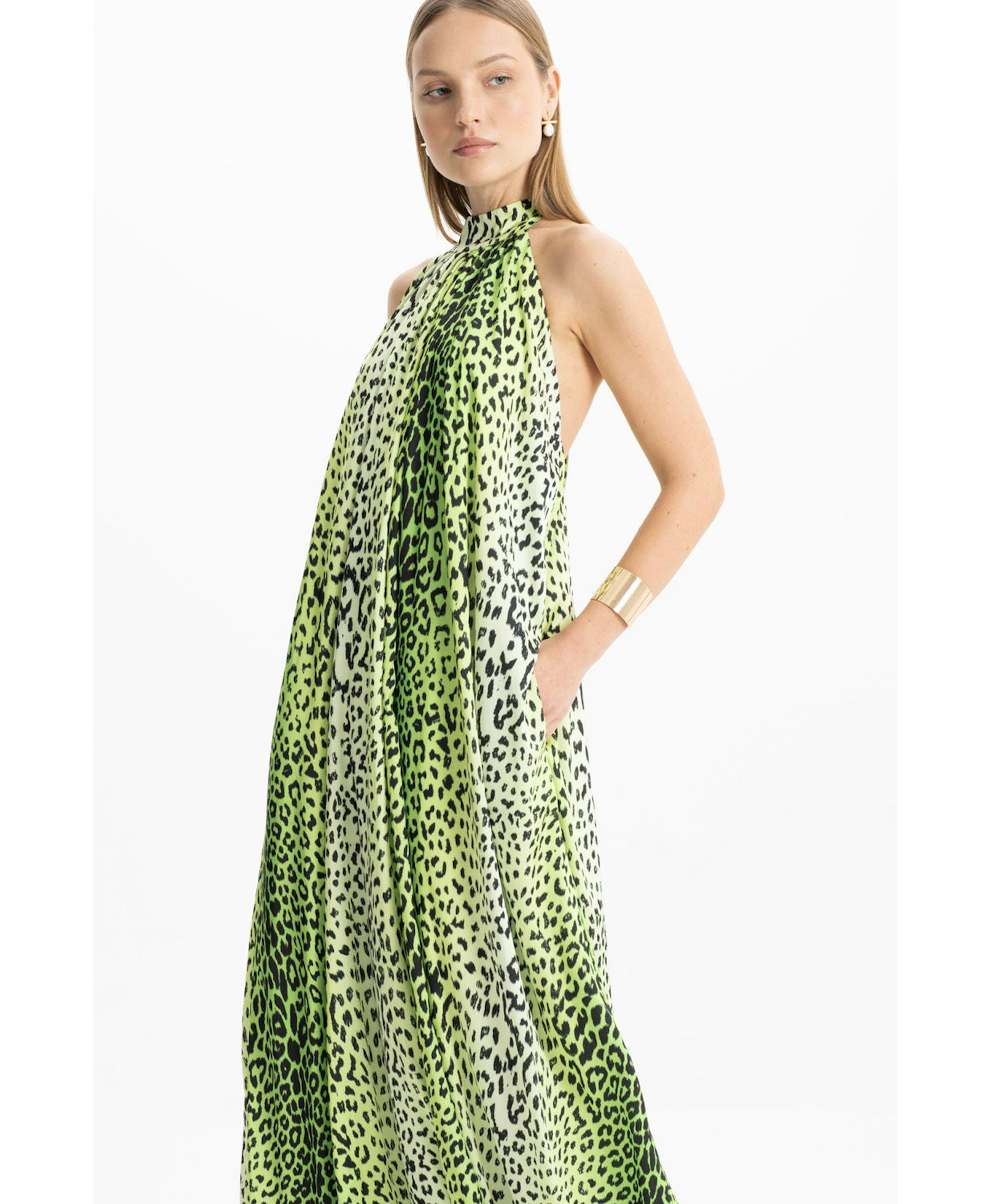 Pam Satin Green Leopard Halter Maxi Dress made by Lora Istanbul