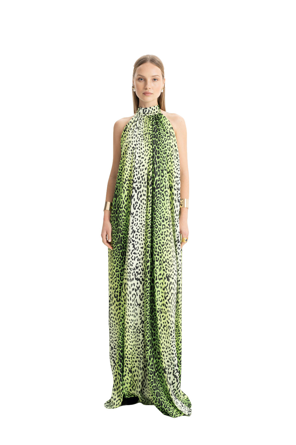 Shop Lora Istanbul Pam Satin Green Leopard Halter Maxi Dress